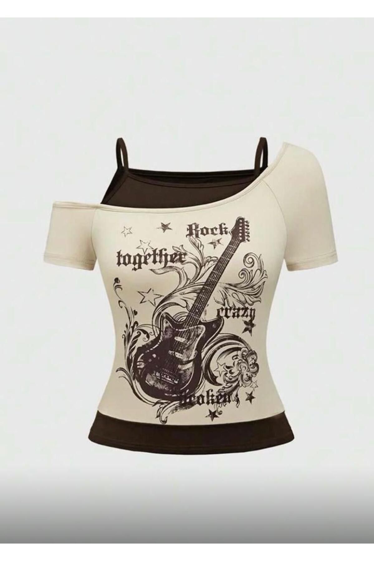 Pop Giyim Rock Together Brown Guitar Ek Askılı Body Crop Bluz