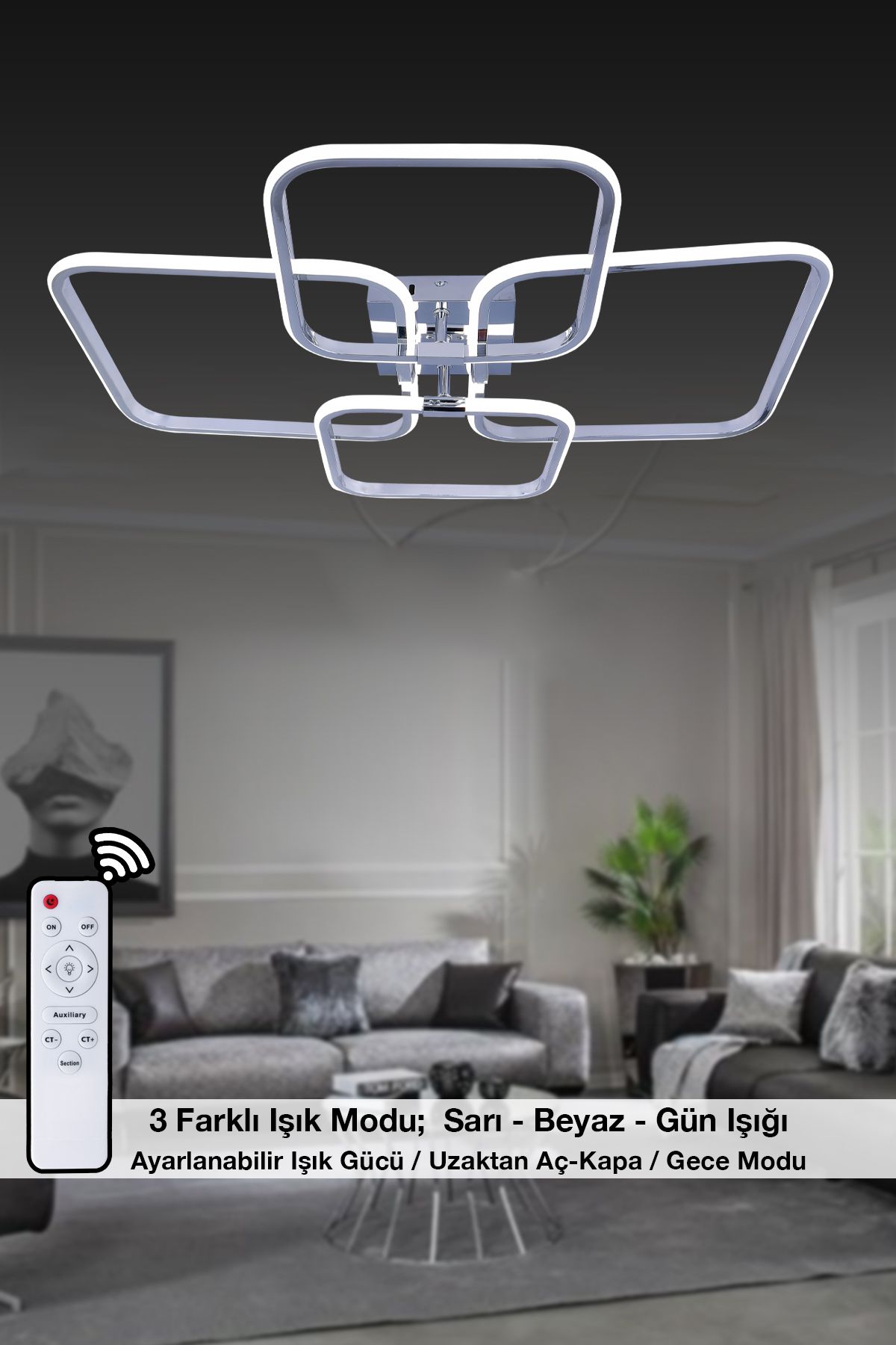 HİRALUCE Milano 3 Renk Kumandalı Ve Dimmerli Krom ( Sarı Beyaz Ve Gün Işığı ) Kristal Taşlı Led Avize