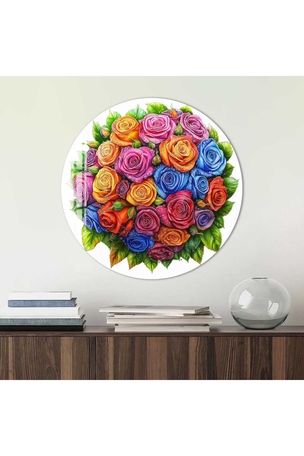 Artmate Yuvarlak Temperli Kırılmaz Çiçek Cam Tablo