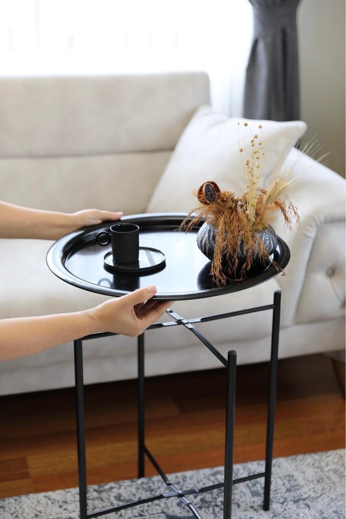 YARGICI Home Katlanır Tepsili Sehpa Metal Ayaklı Yuvarlak 46,5 cm Siyah/Beyaz