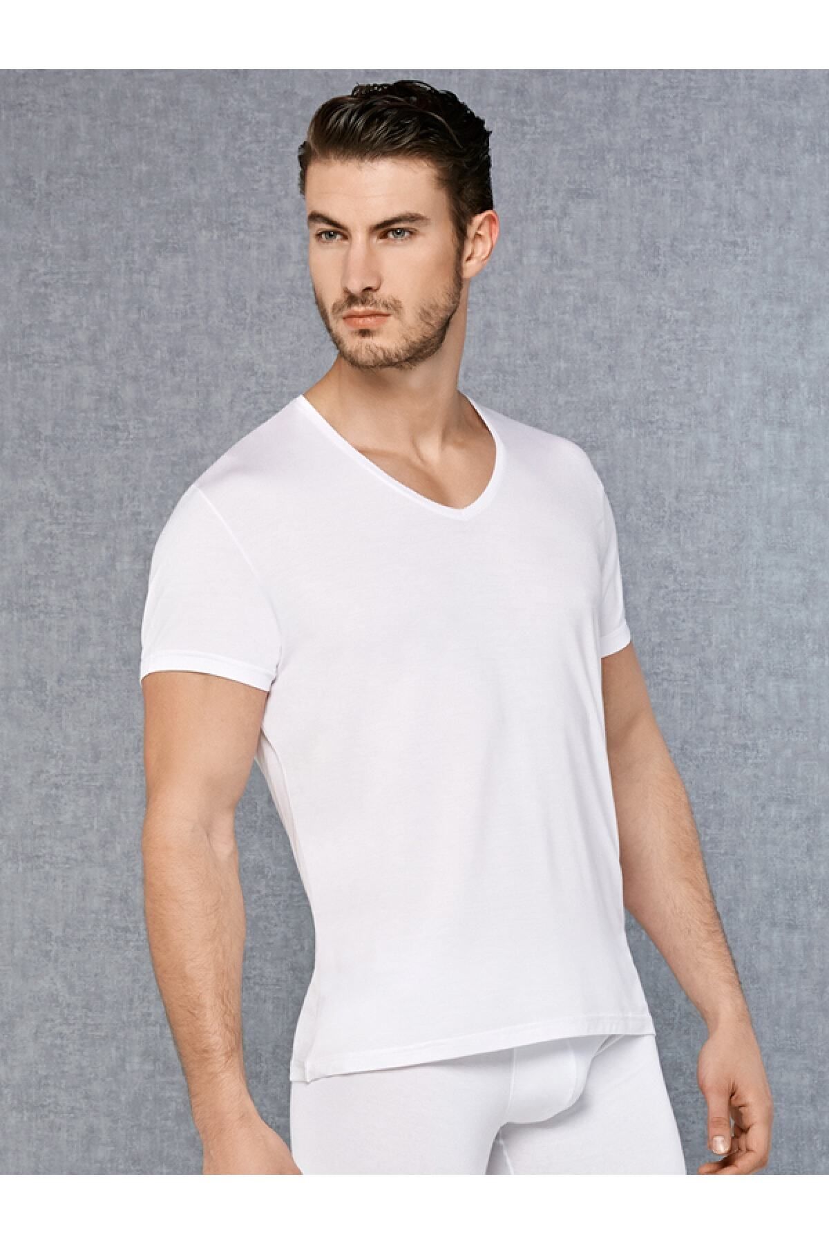 inkasole Erkek Micromodal V Yaka Kısa Kol T Shirt Beyaz