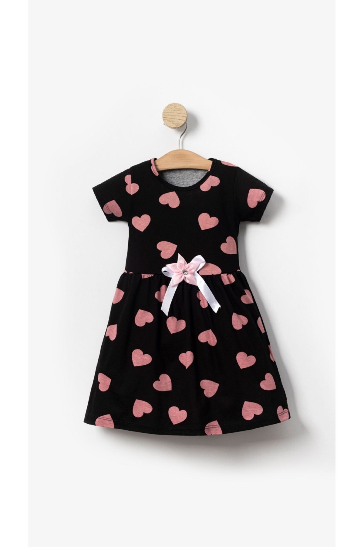 aden kids Rahat Kullanım Siyah Kalp Baskılı Kız Çocuk Yazlık Penye Elbise - Nefes Alan Likralı Kumaş fotoğrafı 3 (önizleme)