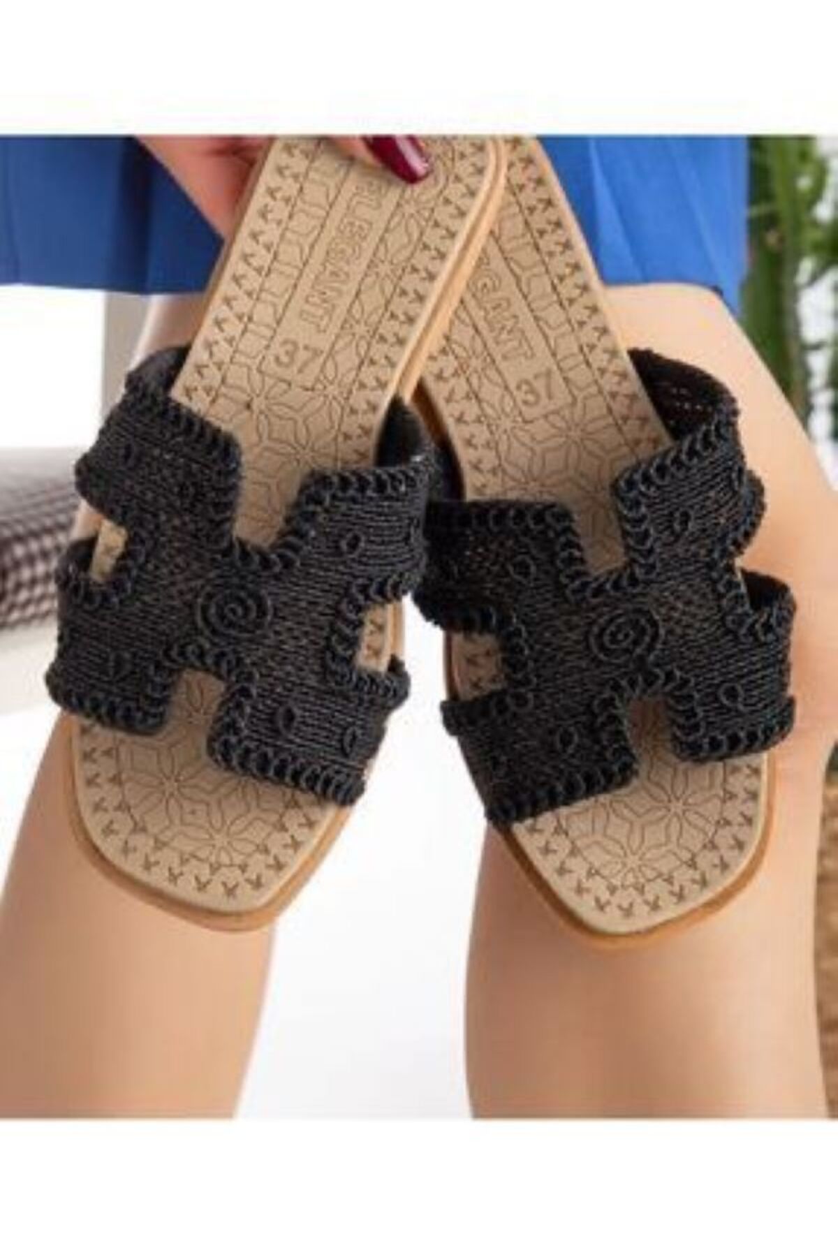 Shoebuo Papuci De Damă Din Paie Împletite Cu Modele, Ideali Pentru Zi Cu Zi, Plajă Și Piscină Femeie - 37