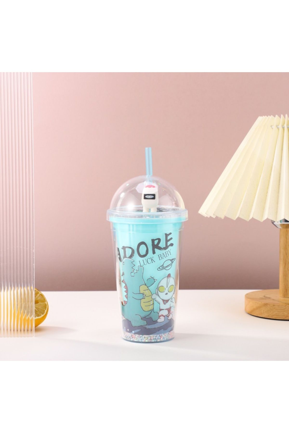 Livava Dinozor Işıklı ve Pipetli Bardak, 450 ml, Boncuklu ve Kapaklı, Mavi, 20x8