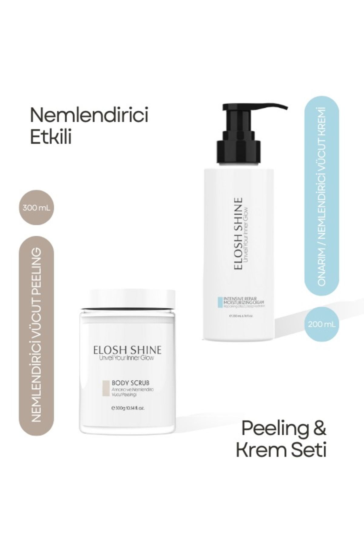 Elosh Shine Nemlendirici Etkili Peeling & Krem Seti ( Vücut Peelingi 300 gr & Losyon 200 ML )