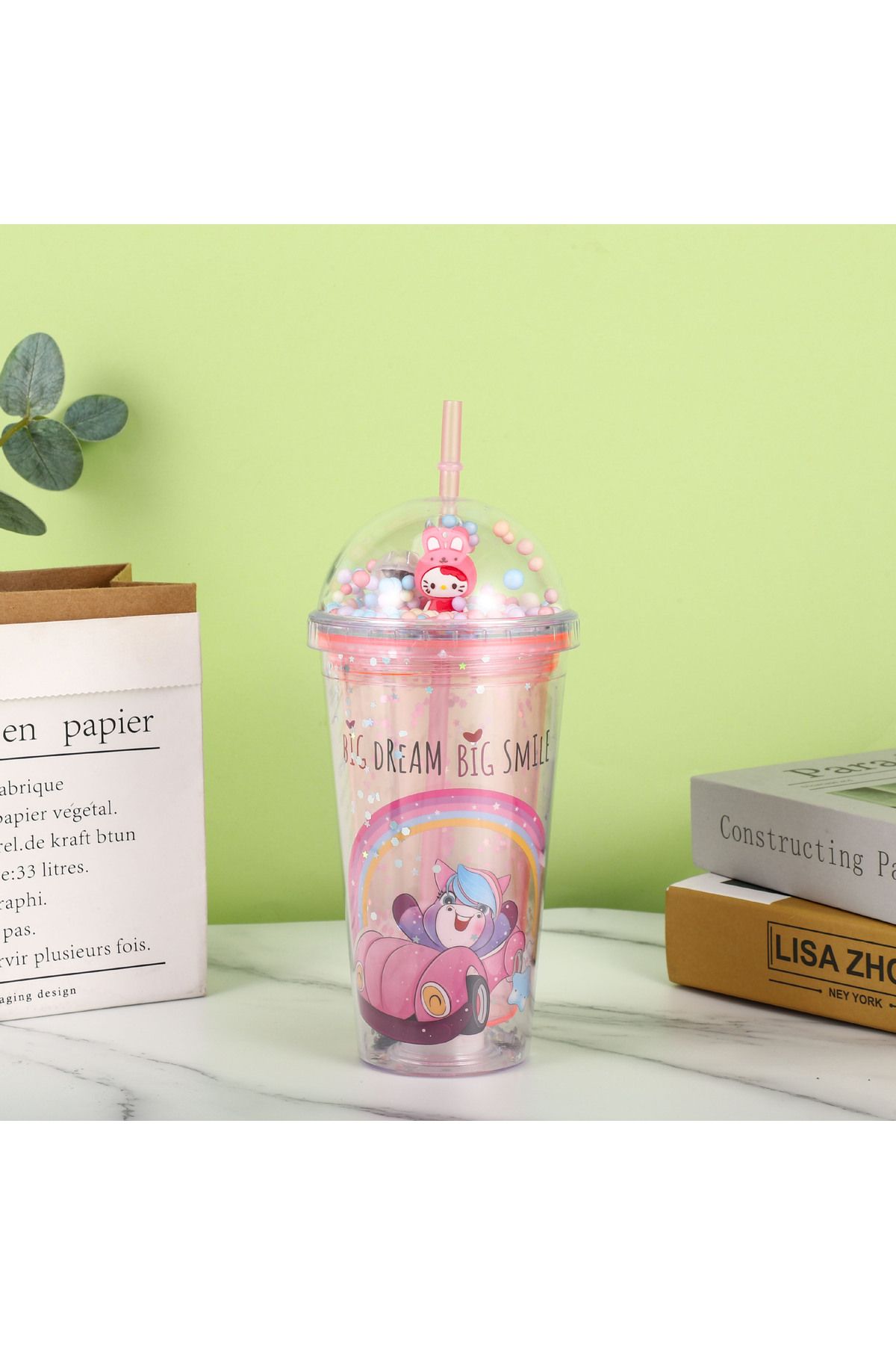 Livava Sevimli Işıklı ve Pipetli Bardak, 450 ml, Pullu ve Kapaklı, Pembe, 20x8