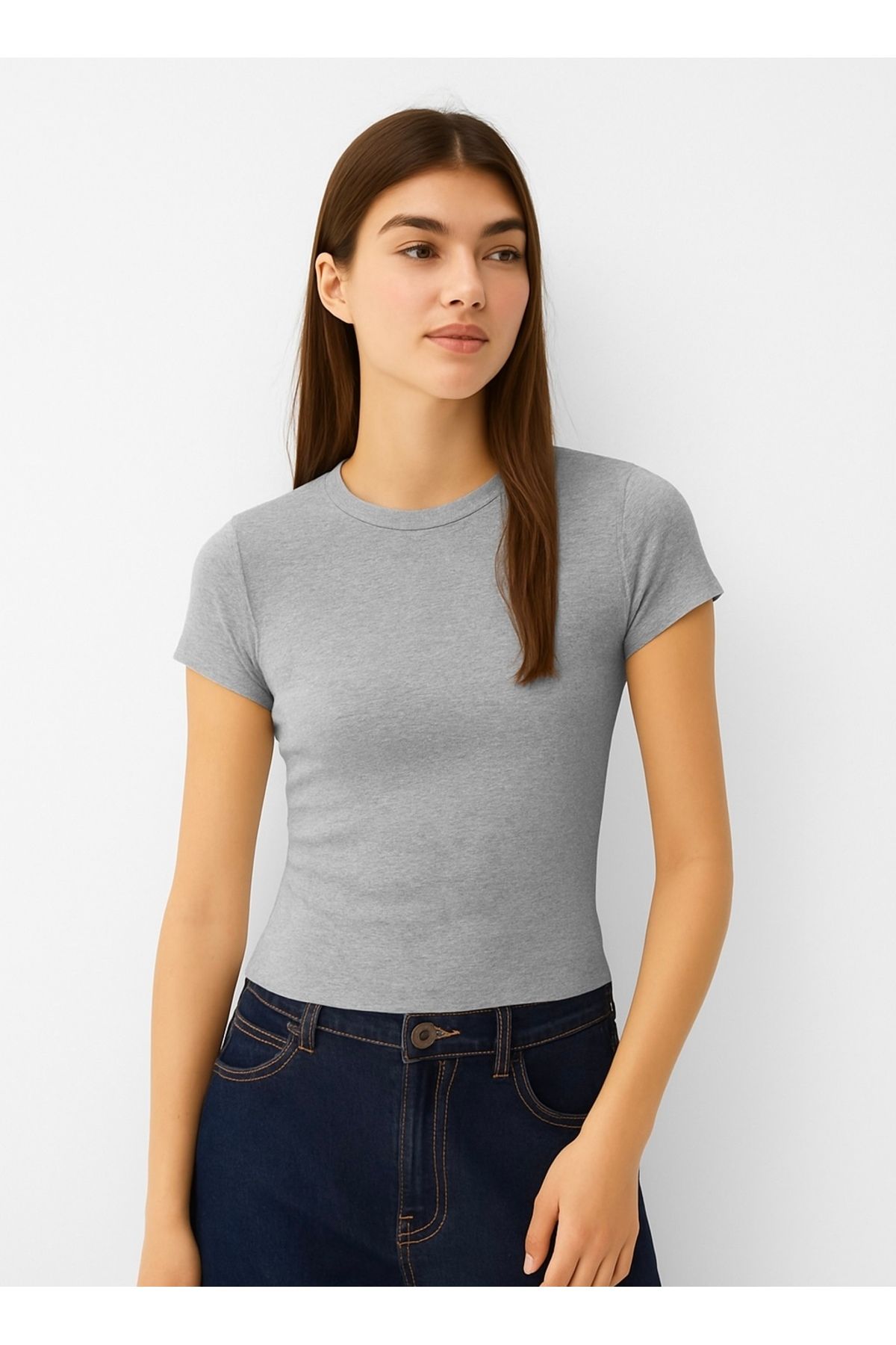 NATUFIAN STORE Kadın Kısa Kol Bedene Oturan Bisiklet Yaka Tişört Short Fitted