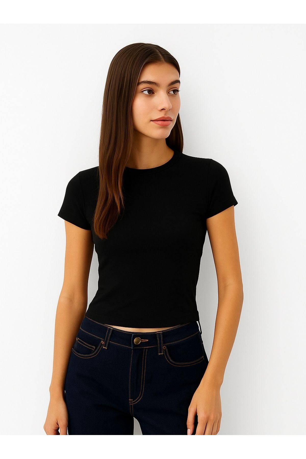 NATUFIAN STORE Kadın Kısa Kol Bedene Oturan Bisiklet Yaka Tişört Short Fitted