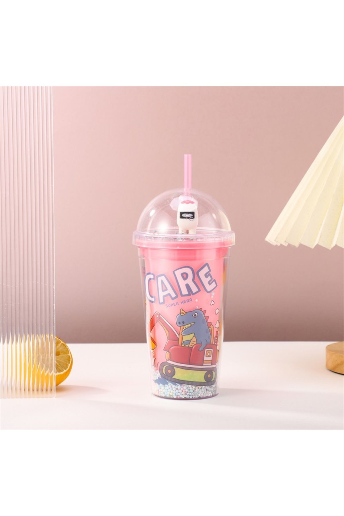 Livava Dinozor Işıklı ve Pipetli Bardak, 450 ml, Boncuklu ve Kapaklı, Kırmızı, 20x8