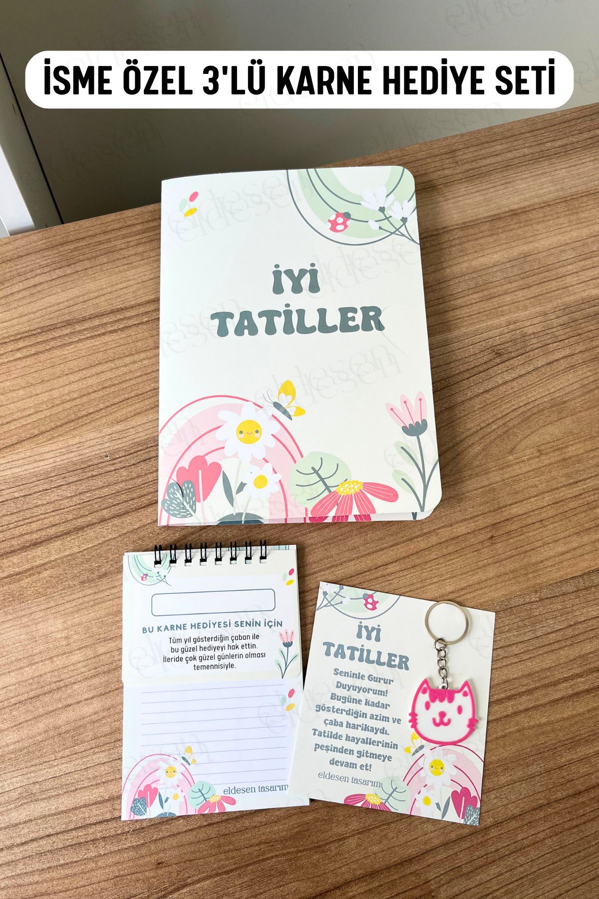 Eldesen Tasarım İsme Özel Karne Hediyesi 3'lü Set, Karne Kılıfı, Spiralli Defter, Anahtarlık