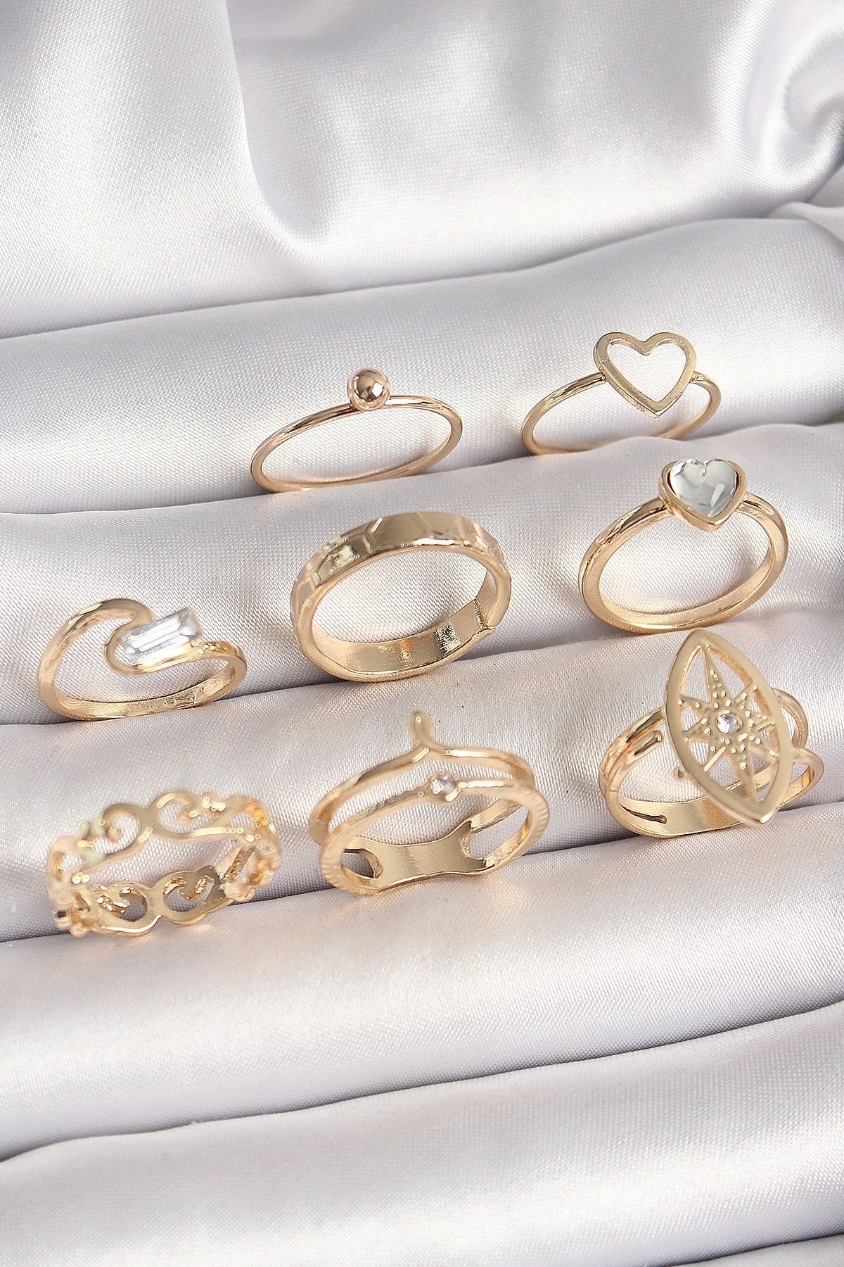 STOREMAX Pirinç Gold Renk Zirkon Taşlı Kalp Model Kutup Yıldız Detay Kadın Yüzük Kombini