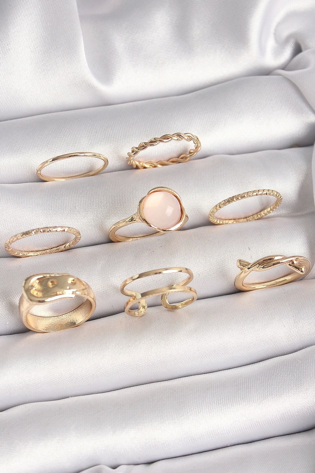 STOREMAX Pirinç Gold Renk Pembe Mineli Kemer Model Kadın Yüzük Kombini