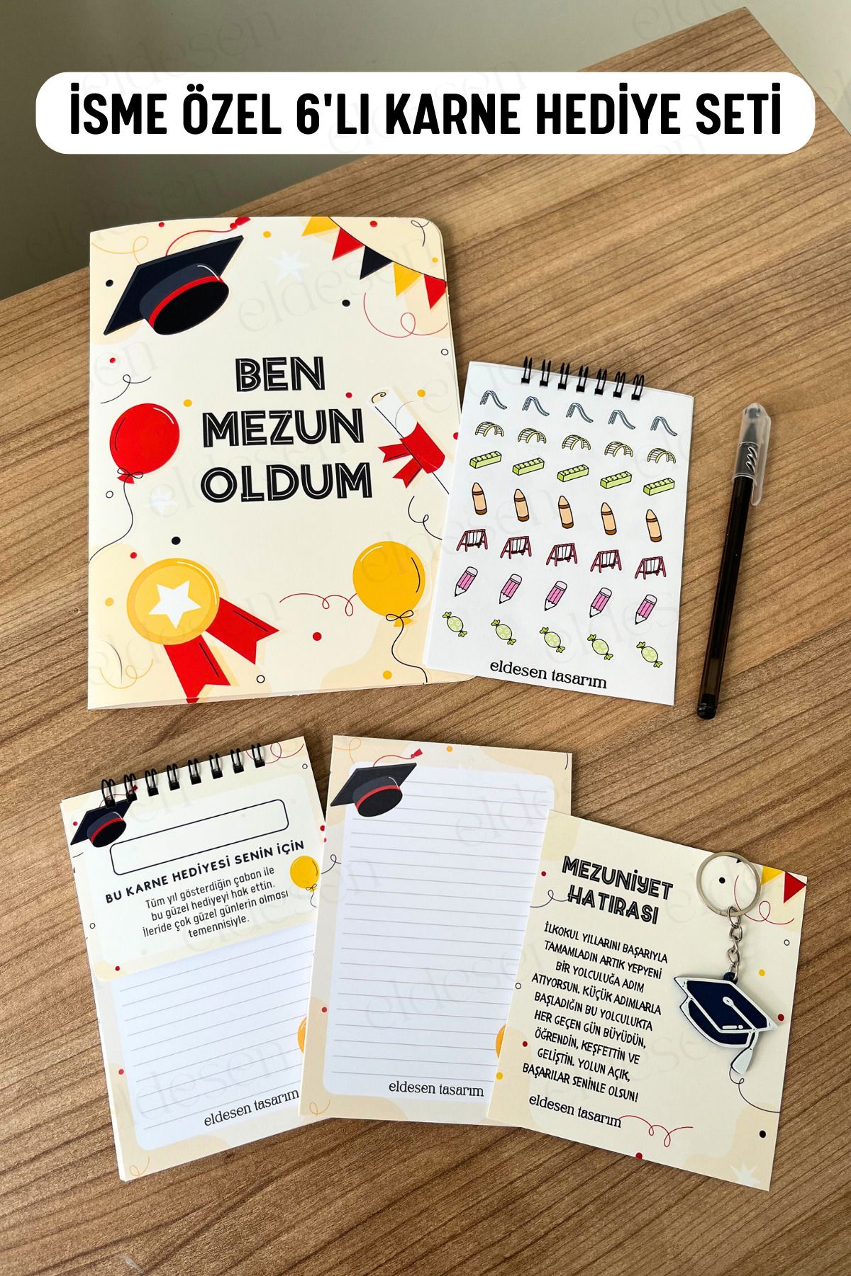 Eldesen Tasarım İsme Özel Karne Hediyesi 6'lı Set, Karne Kılıfı, Spiralli Defter, Anahtarlık, Etiket, Bloknot, Kalem