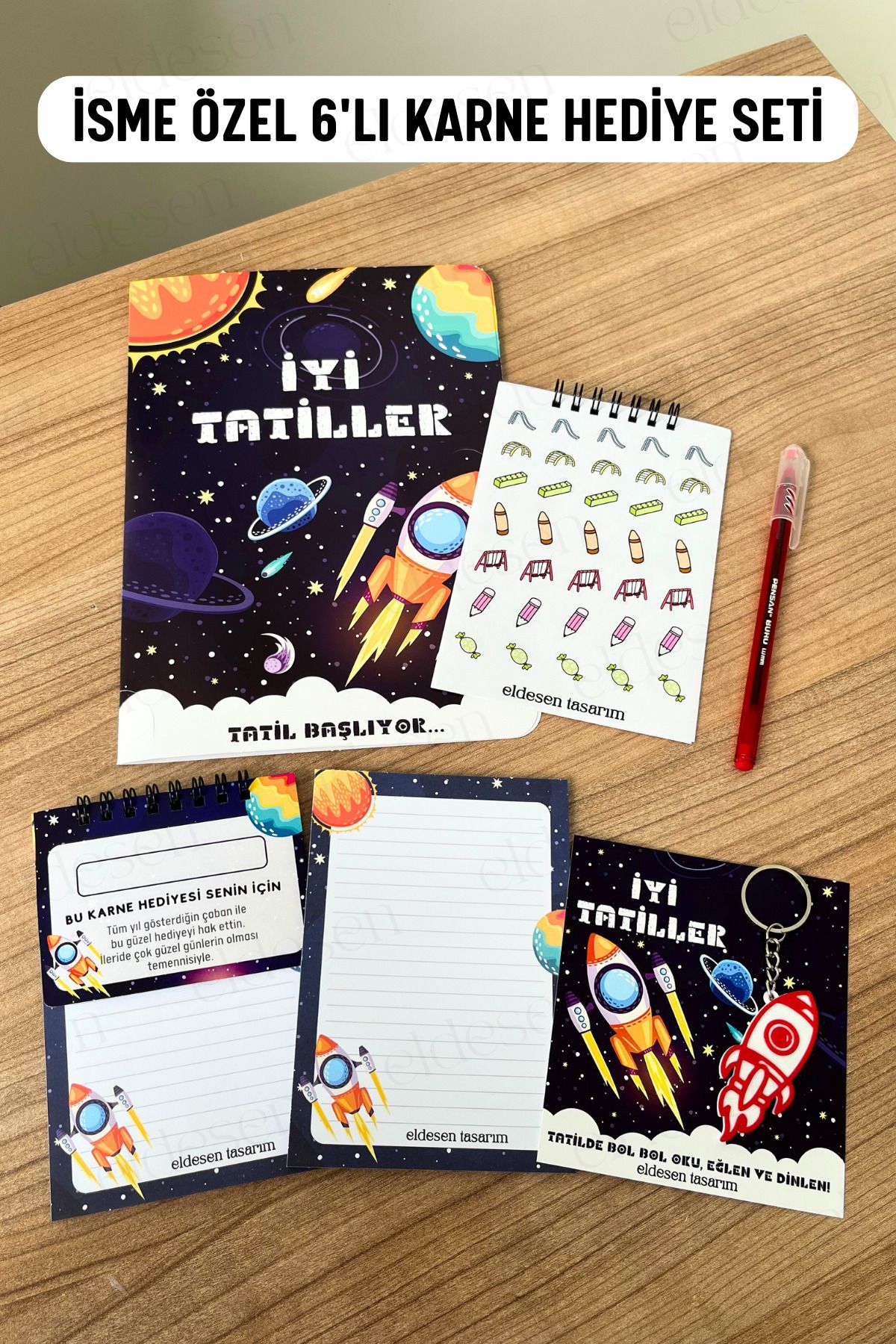 Eldesen Tasarım İsme Özel Karne Hediyesi 6'lı Set, Karne Kılıfı, Spiralli Defter, Anahtarlık, Etiket, Bloknot, Kalem
