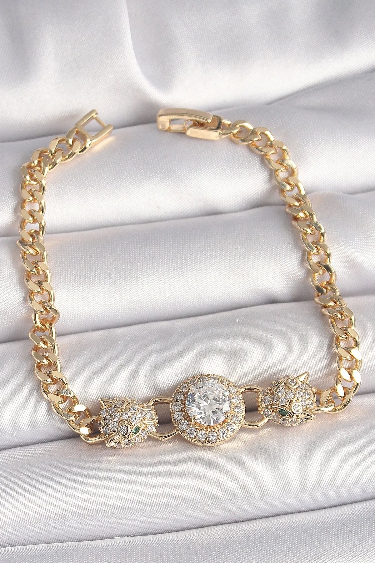 STOREMAX Pirinç Gold Renk Zirkon Taşlı Leopar Figür Zincir Model Kadın Bileklik