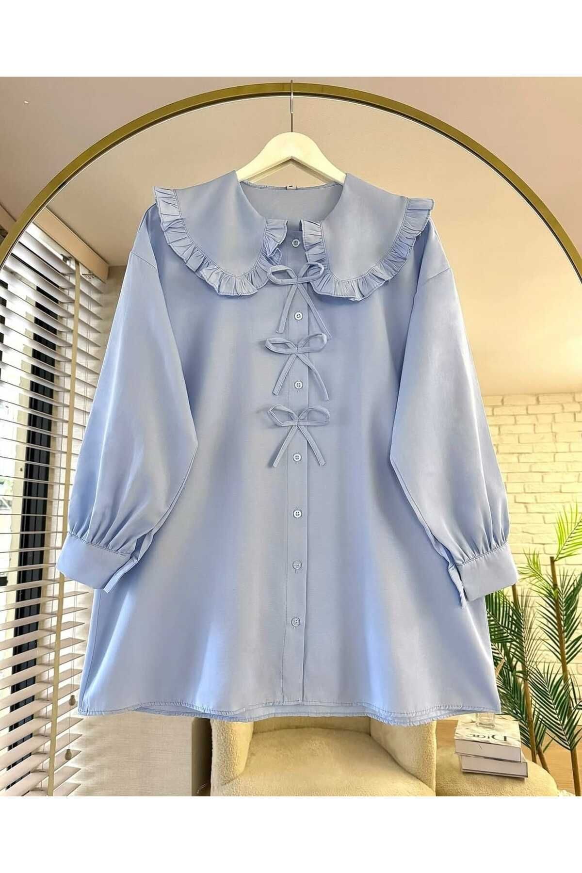 KMR Terikoton Kumaş, Yaka Detaylı, Fiyonklu, Etek Üstü, Kadın Crop Gömlek