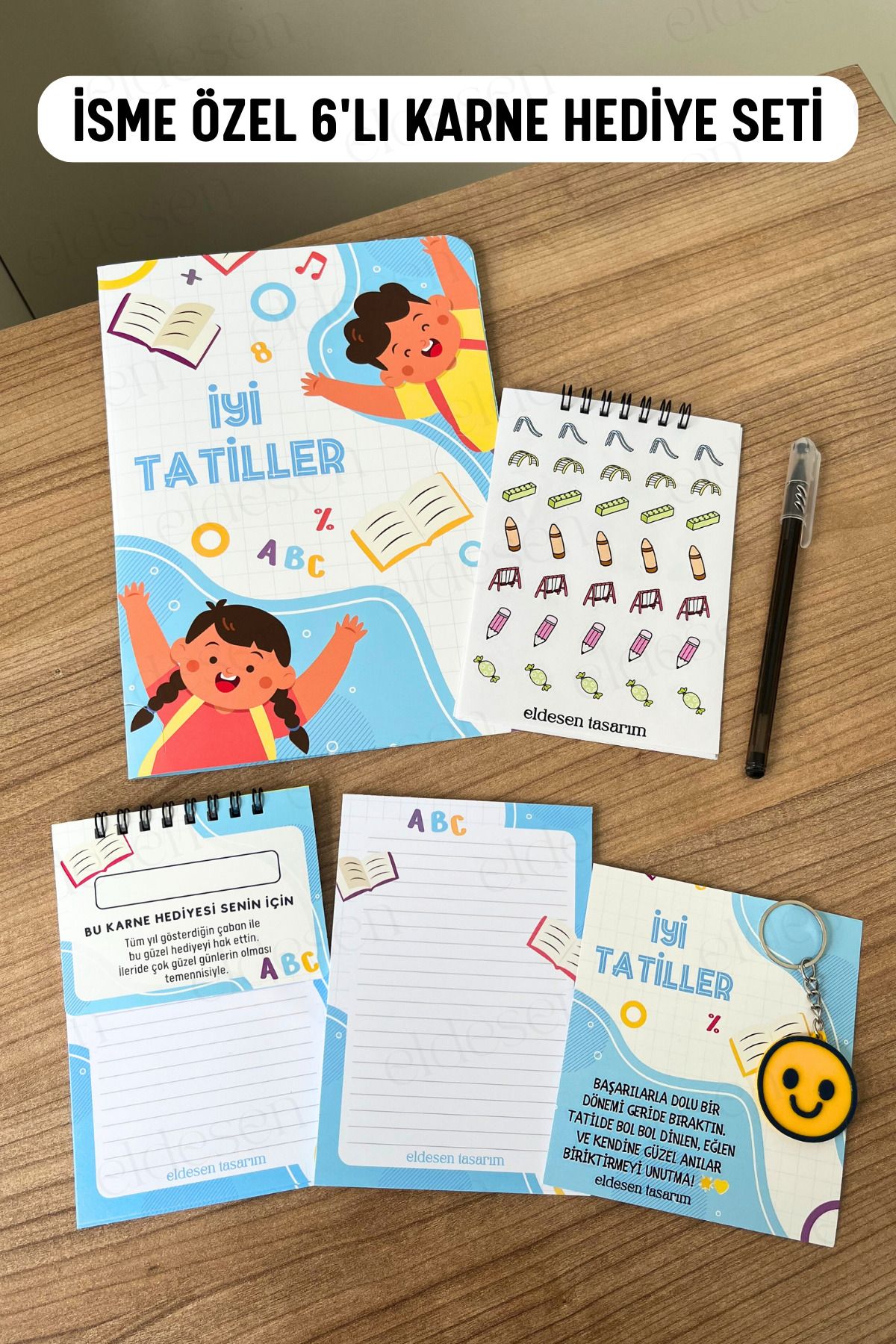 Eldesen Tasarım İsme Özel Karne Hediyesi 6'lı Set, Karne Kılıfı, Spiralli Defter, Anahtarlık, Etiket, Bloknot, Kalem