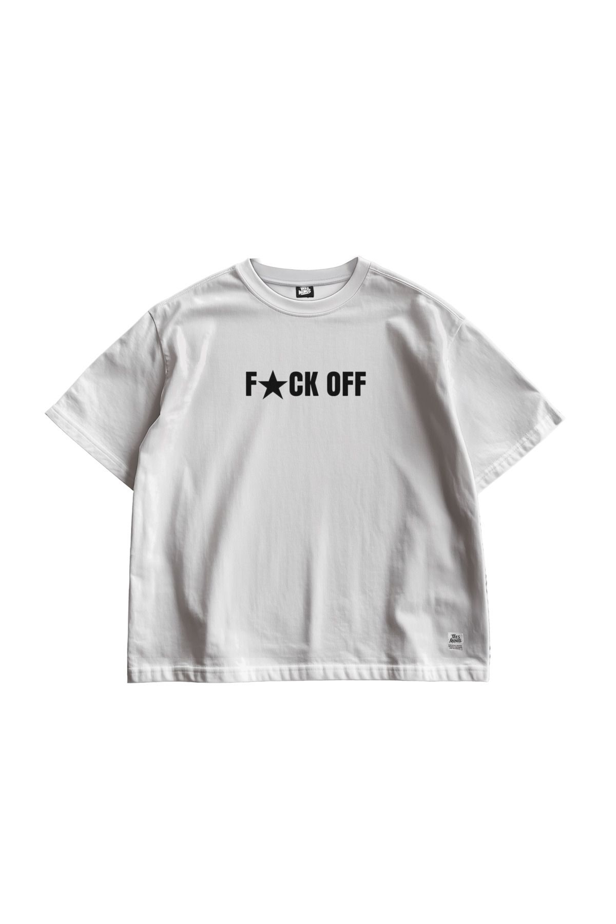 TresMonos Fuck Off Baskılı Oversize Kısa Kesim Pamuklu Kadın Beyaz Tişört