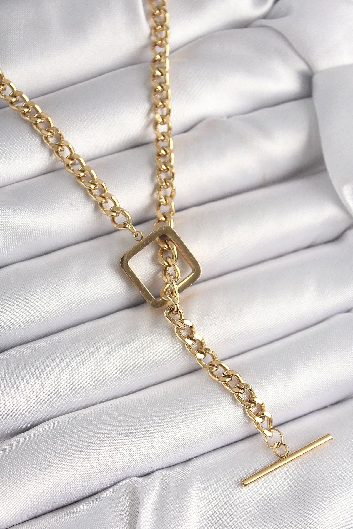 STOREMAX 316L Çelik Gold Renk Zincir Model Kare Figür Kadın Kolye