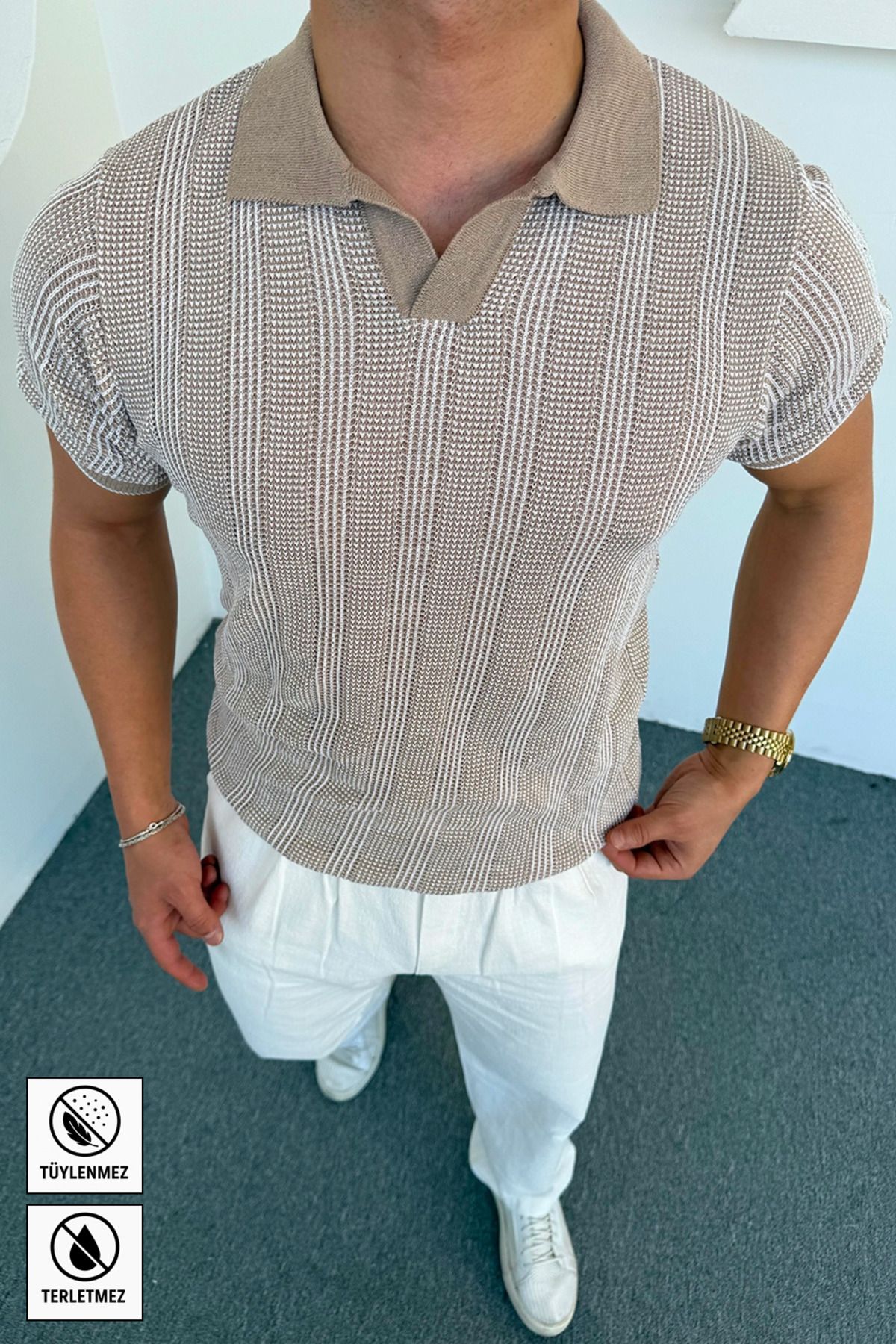 Moderk Erkek Jakarlı Çift Renk Pamuklu Örme Triko T-Shirt Terletmez Tüylenmez