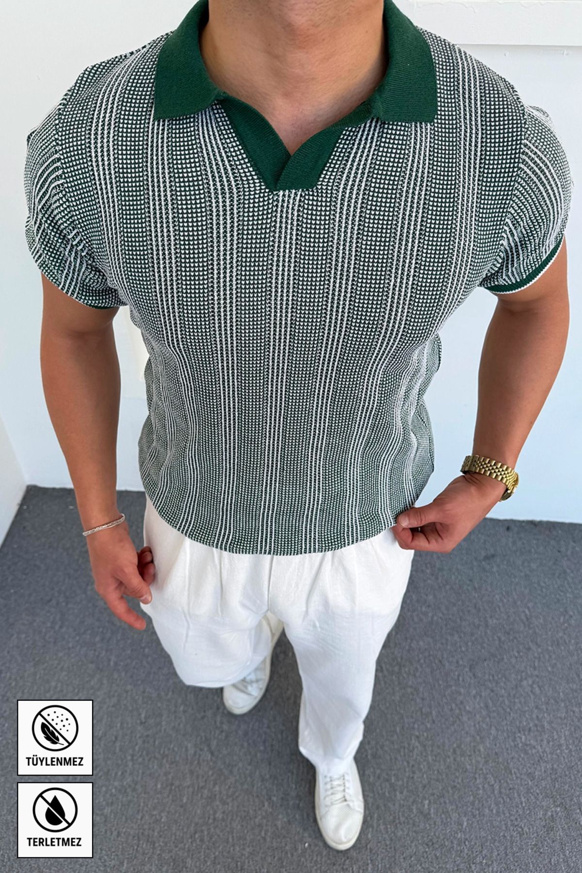 Moderk Erkek Jakarlı Çift Renk Pamuklu Örme Triko T-Shirt Terletmez Tüylenmez