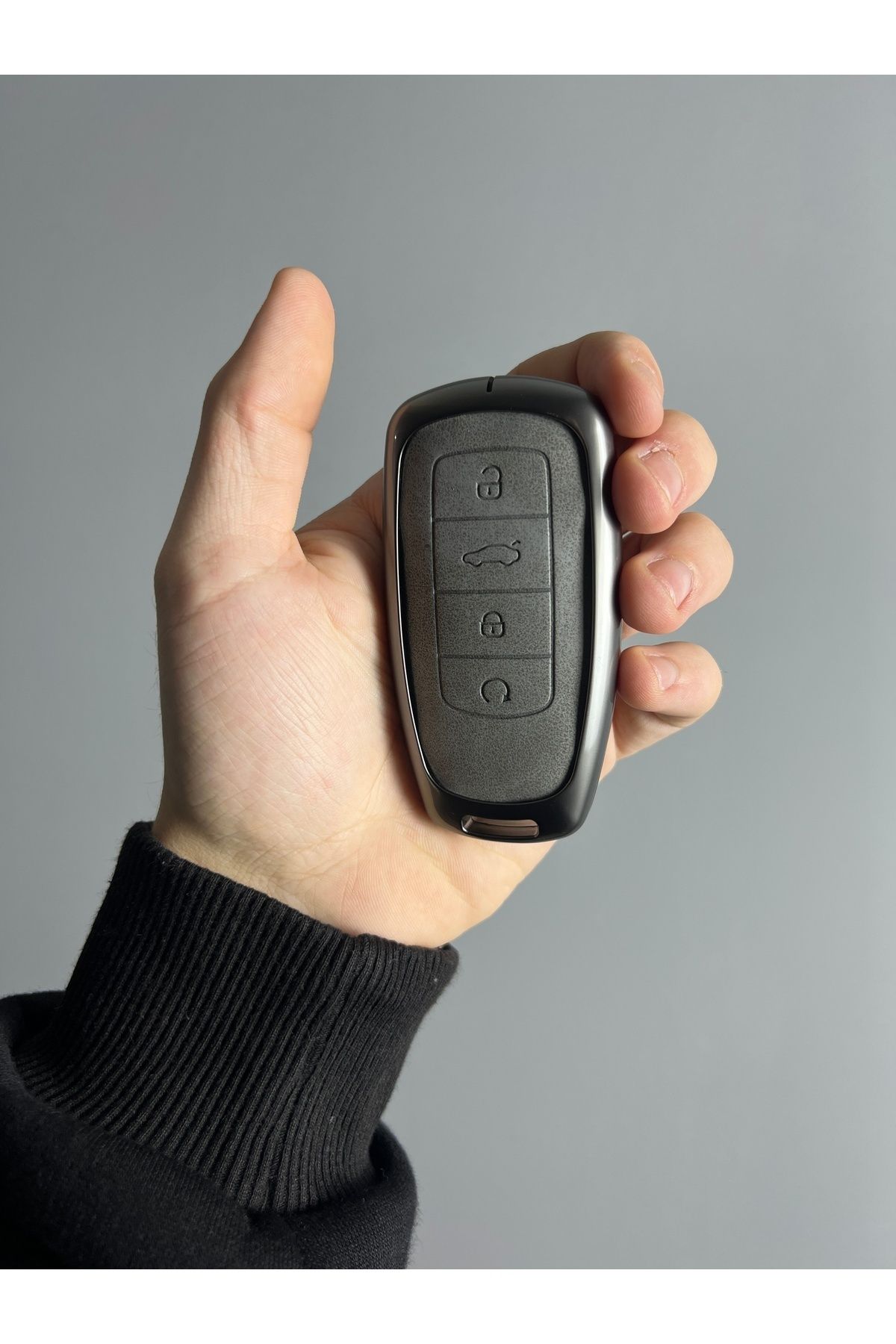 Luxe Aksesuarr Chery Tiggo 8 plus Koruma Anahtar Kumanda Metal Kılıfı 4 Buton Deri Gri