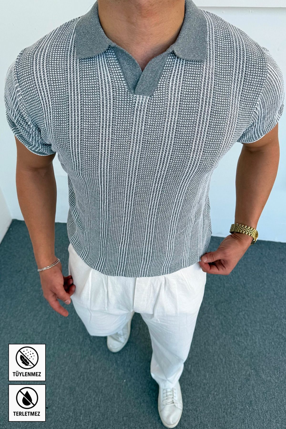 Moderk Erkek Jakarlı Çift Renk Pamuklu Örme Triko T-Shirt Terletmez Tüylenmez