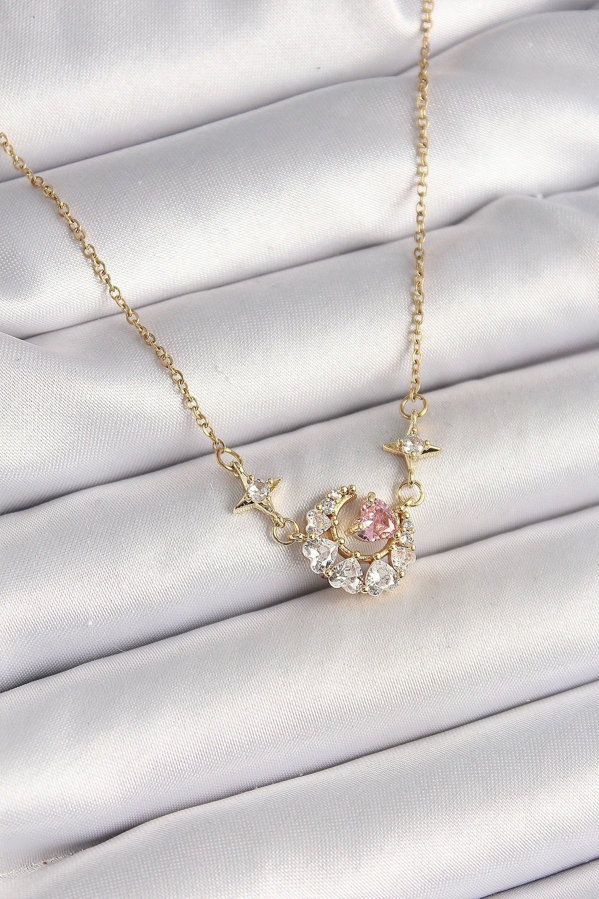 STOREMAX 316L Çelik Gold Renk Zirkon Taşlı Hilal Pembe Kalp Model Kadın Kolye