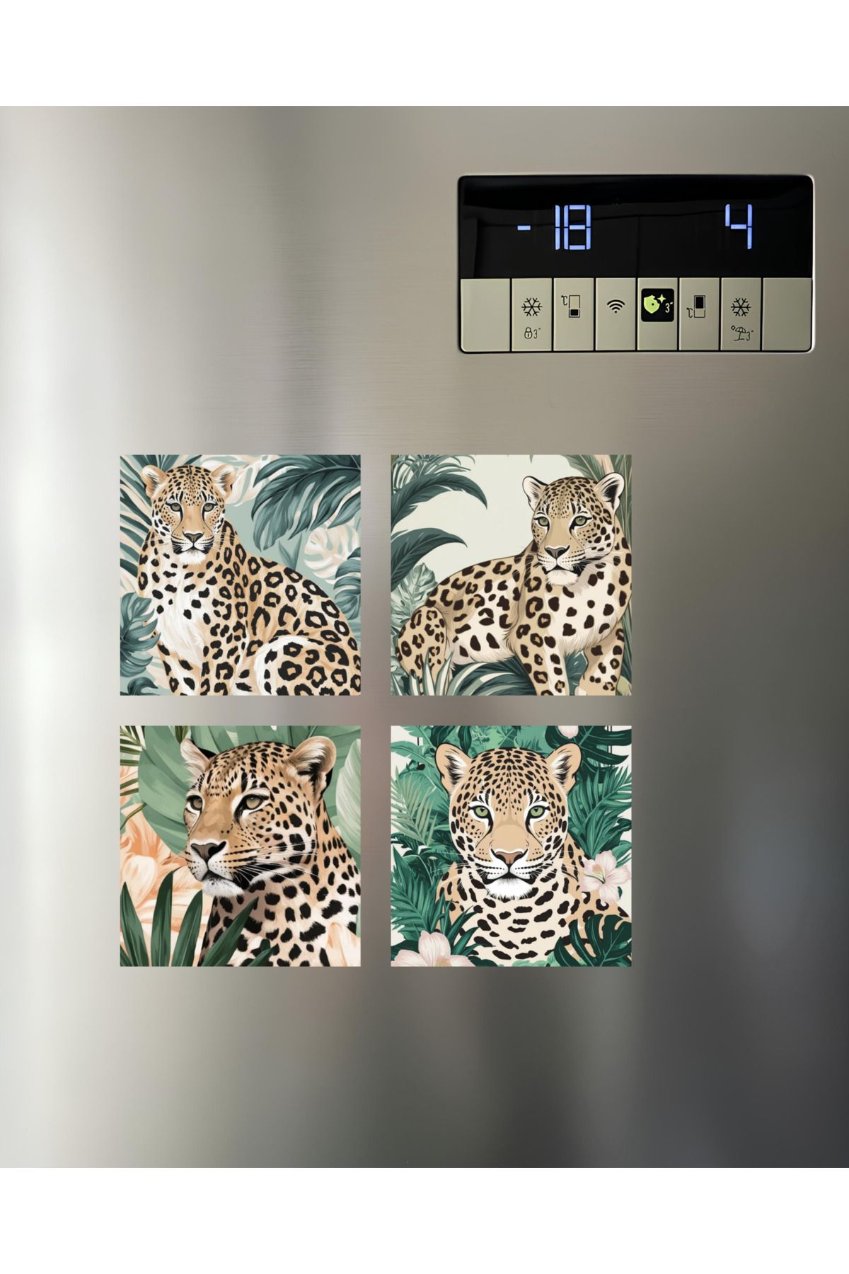 Renkia Studio Tropikal Leopar İllüstrasyonlu 4’lü Kare Magnet Seti – Bej & Yeşil Dekoratif Tasarım