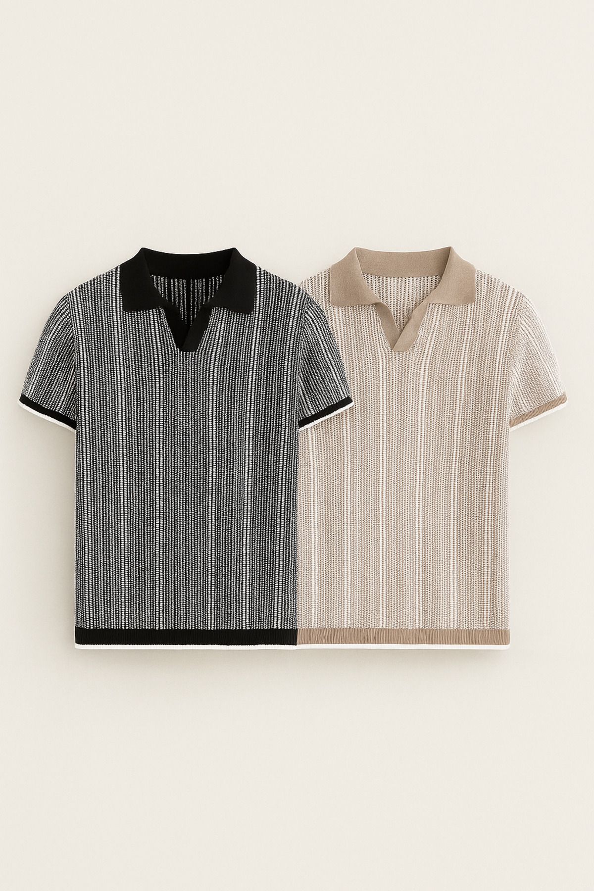 Moderk Erkek 2’li Jakarlı Çift Renk Pamuklu Örme Triko T-Shirt Terletmez Tüylenmez