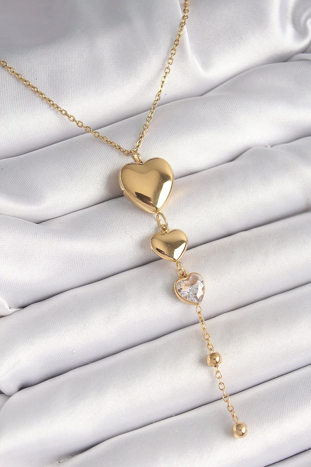 STOREMAX 316L Çelik Gold Renk Sallantı Kalp Model Zirkon Taş Detaylı Kadın Kolye