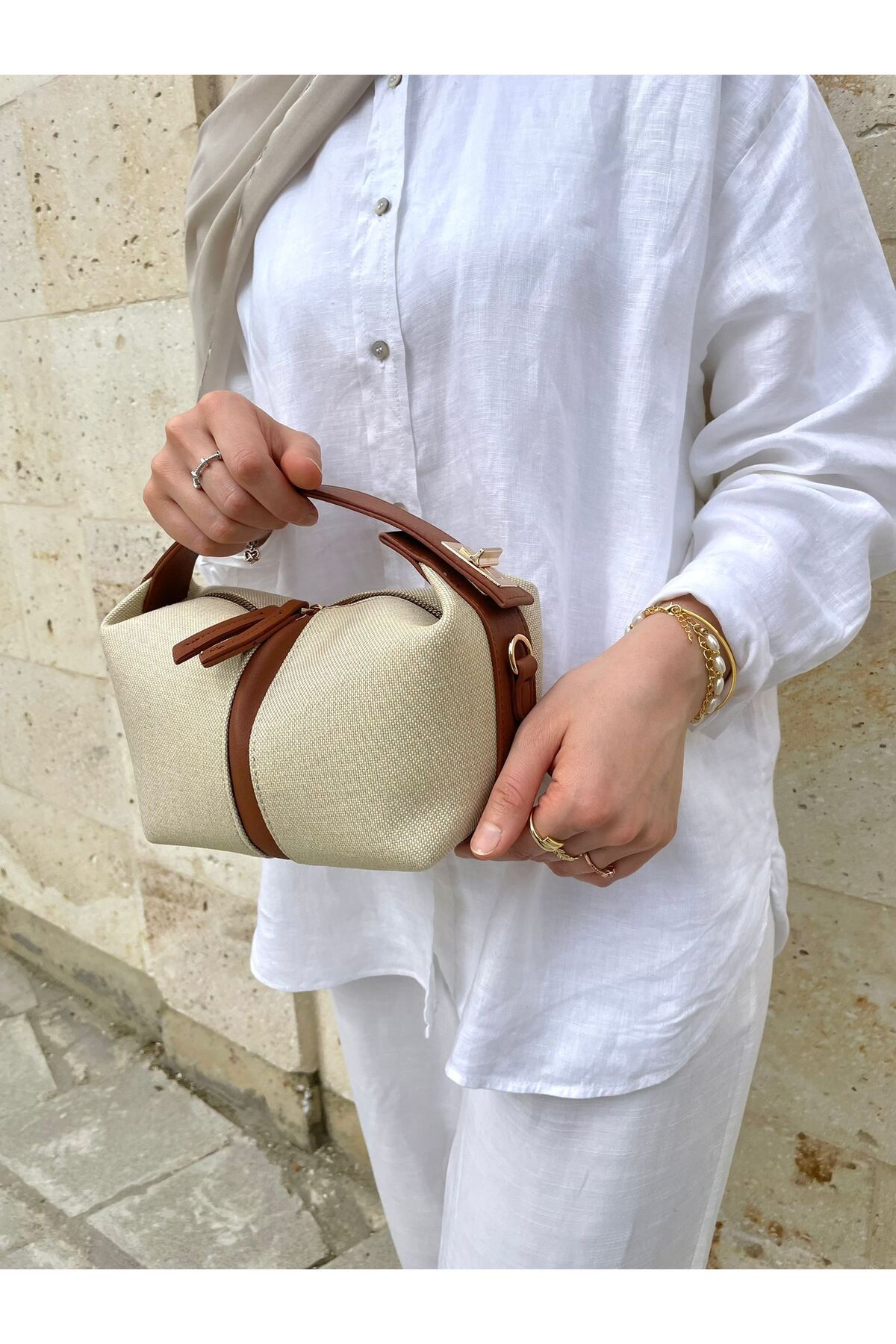 EBROU Kadın Giza Çift Renkli Sandal Model Kanvas El ve Omuz Çantası