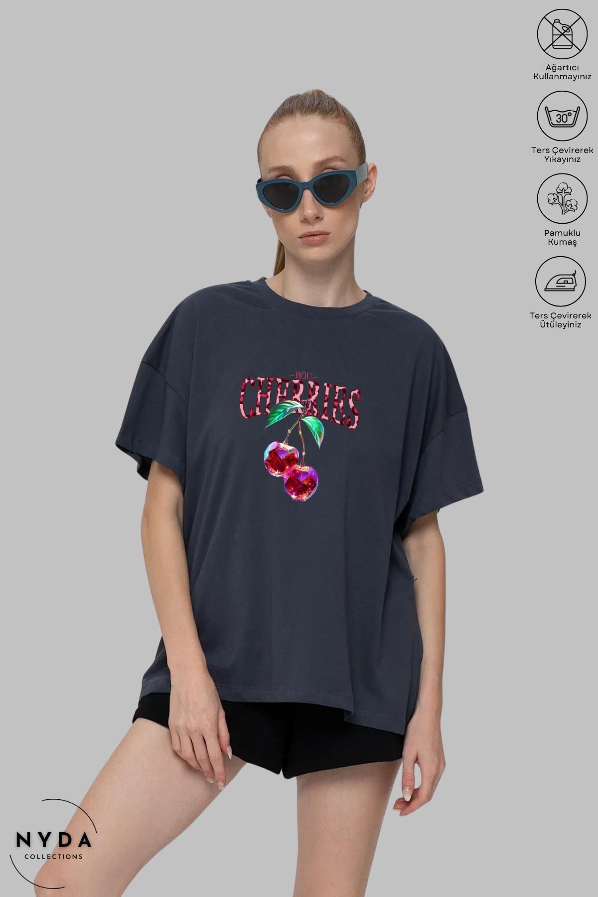 Nyda Collections Kadın Bisiklet Yaka Kiraz Baskılı Pamuk Oversize Kısa Kollu Tişört