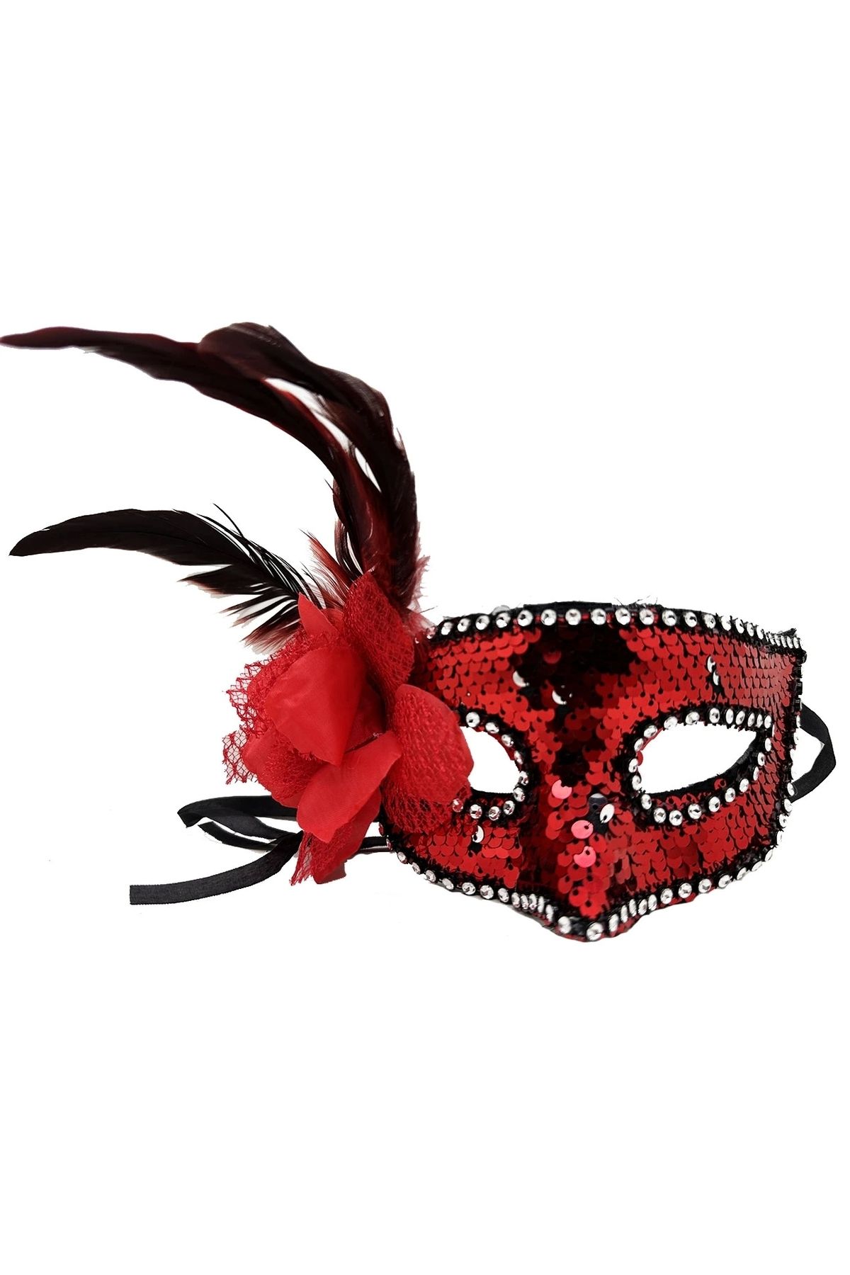 STOREMAX Kırmızı Renk Yandan Tüylü Güllü Gümüş Taşlı Pullu Maske 20x22 cm (5047)