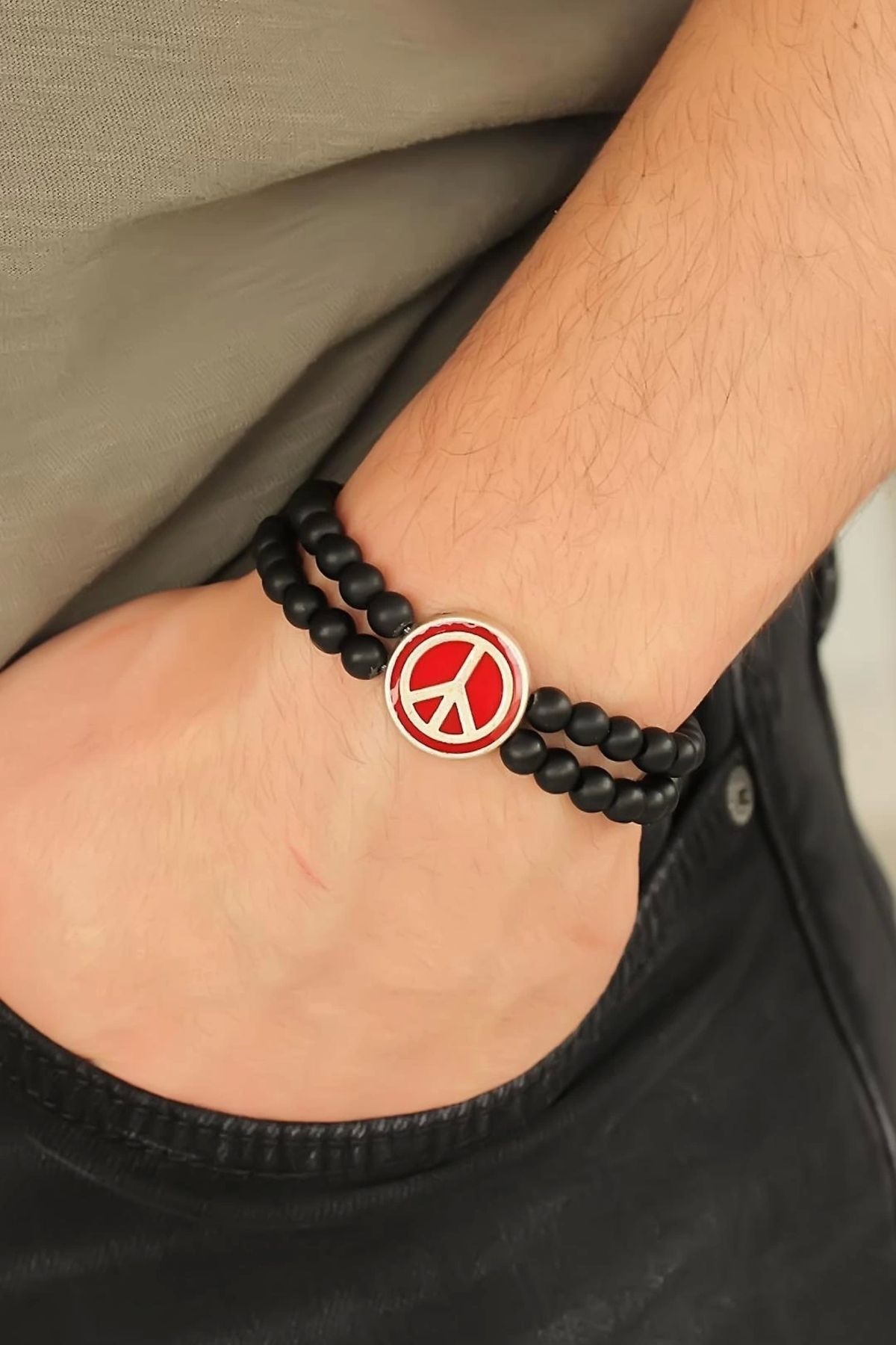 Moco Bordo Renk Renk Metal Barış Simgesi Tasarımlı Siyah Renk Mat Oniks Doğal Taş Erkek Bileklik