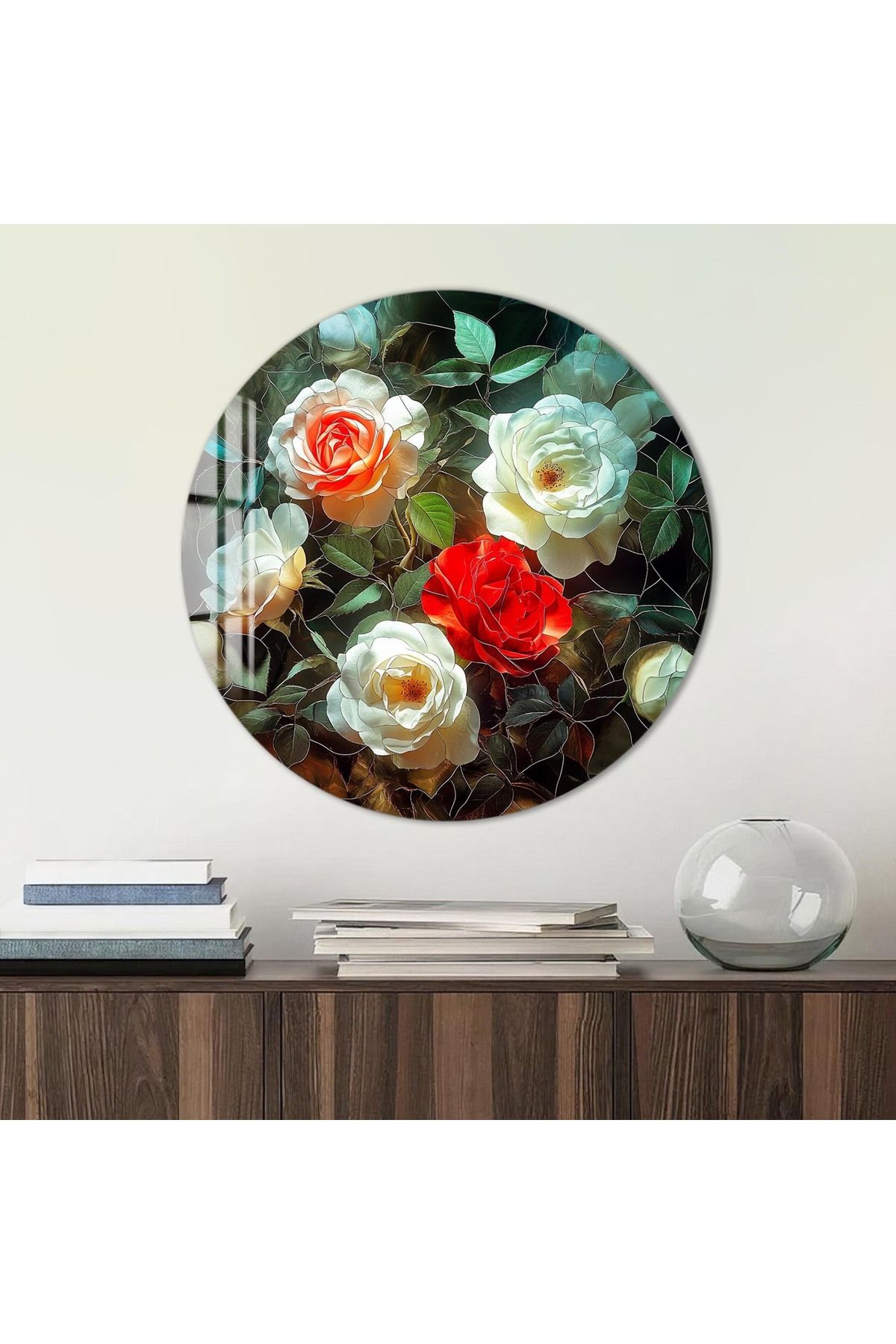 Artmate Yuvarlak Temperli Kırılmaz Çiçek Cam Tablo
