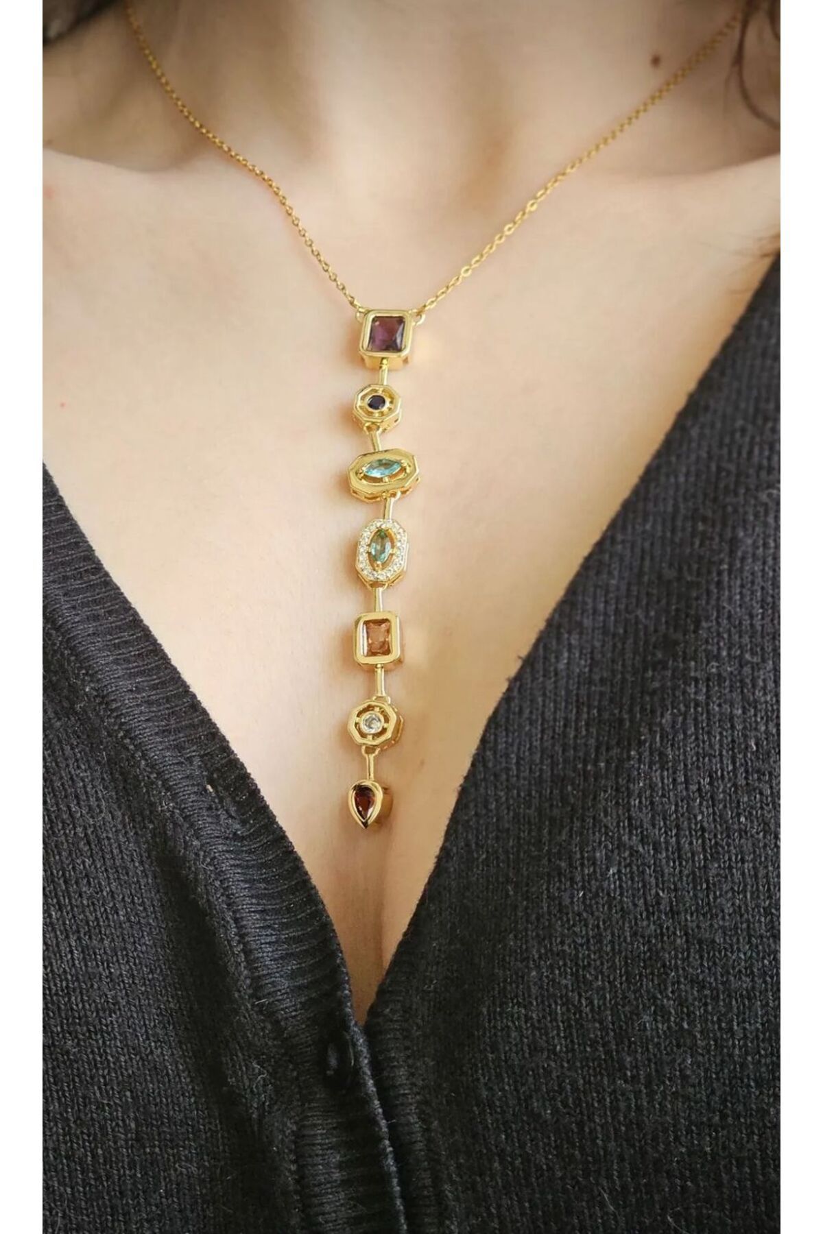 SEZGİLİ Renkli Taş Modeli Çelik Y Kolye Y Şekilli , Renkli Taşlı ,Hipoalerjenik,Gold