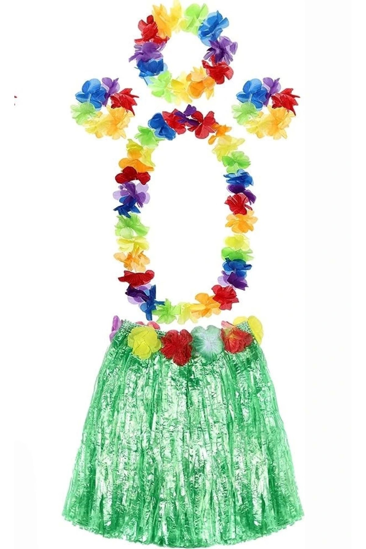 STOREMAX Yetişkin ve Çocuk Uyumlu Luau Aloha Hawaii Yeşil Etek ve Renkli Kolye Taç 2 Adet Bileklik Seti (5047