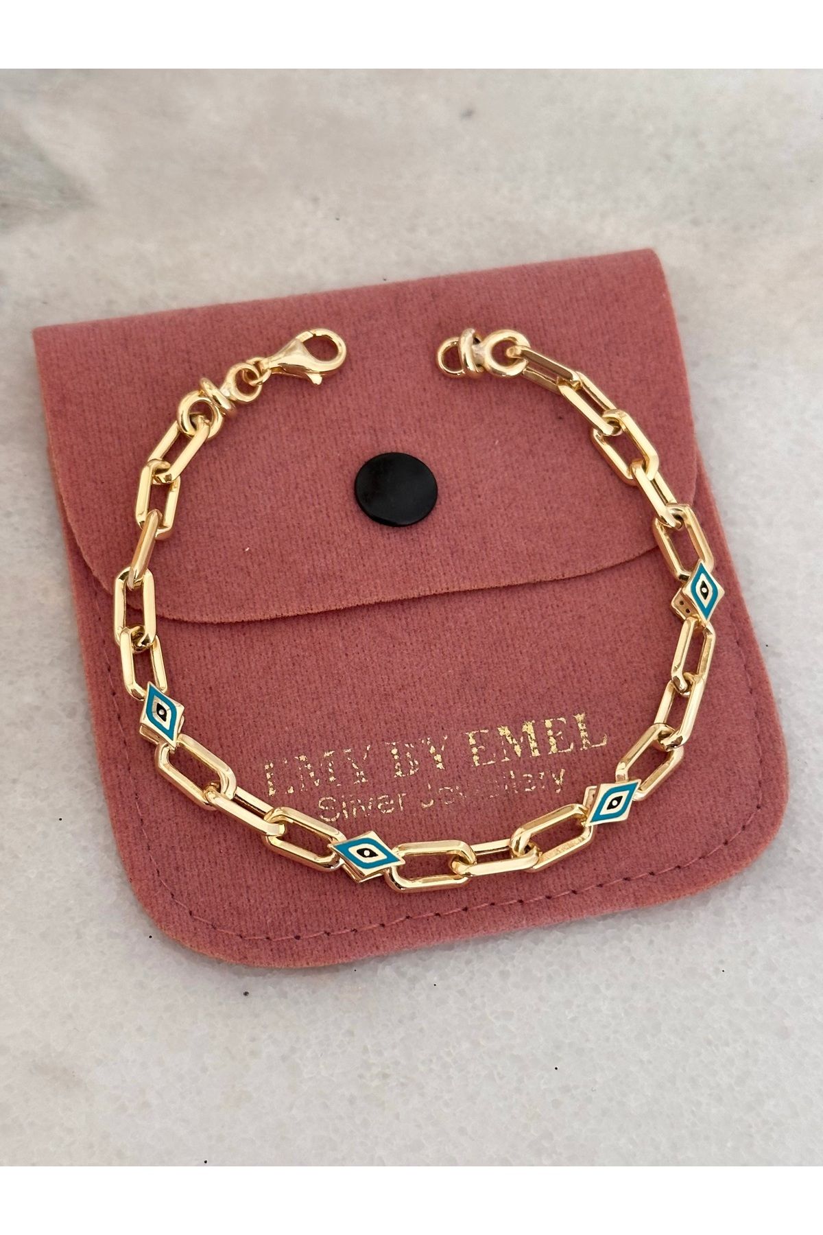 emy by emel luxury silver jewelry Altın Kaplama Nazar Boncuklu Kuyumcu Model Ataç Zincir Bileklik 925 Ayar Gümüş