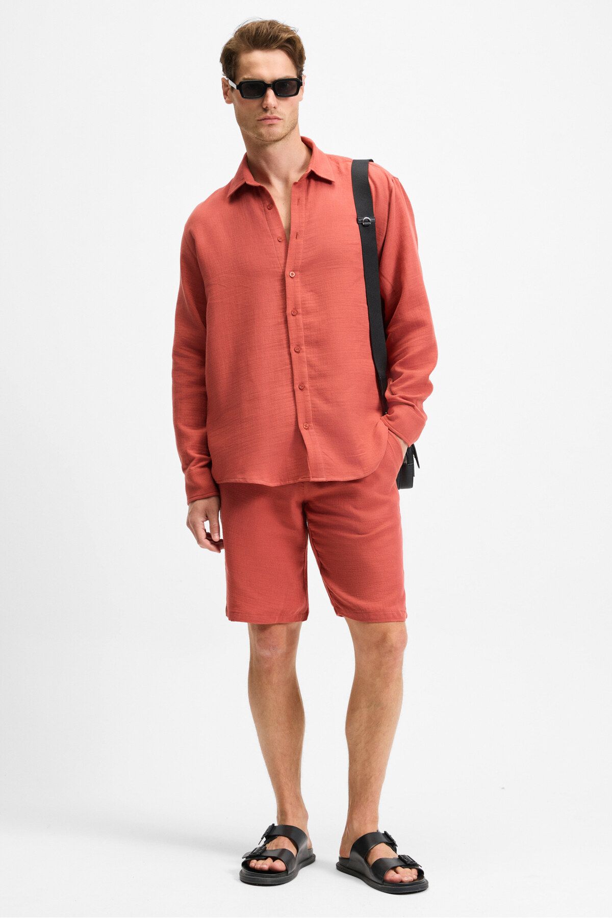 GRIMELANGE JENS Erkek %100 Pamuk Yanları Cepli Slim Fit Dar Kesim Kiremit Rengi Şort