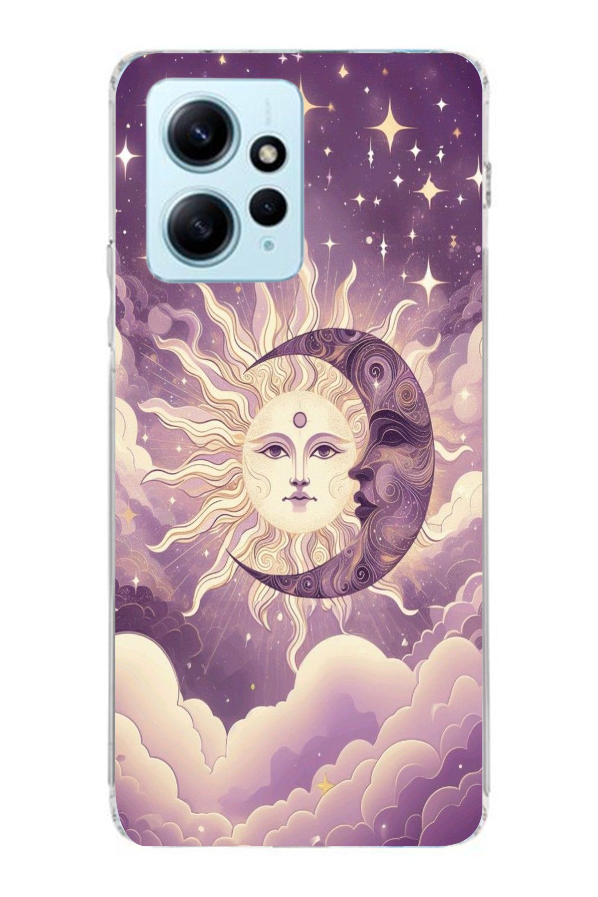 moonset Xiaomi Redmi Note 12 4G Uyumlu Ay ve Güneş Tasarımlı Baskılı Şeffaf Telefon Kılıfı