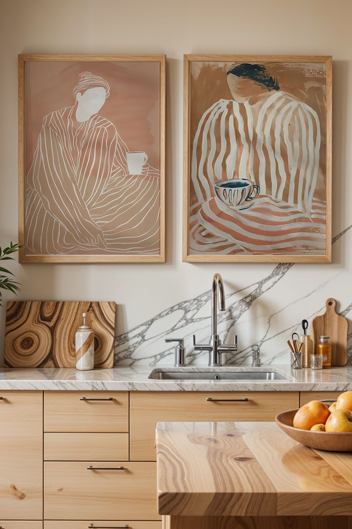 Artiera Kahve Keyfi Minimalist Çizim 2'li Doğal Ahşap Çerçeveli Mutfak Duvar Tablosu