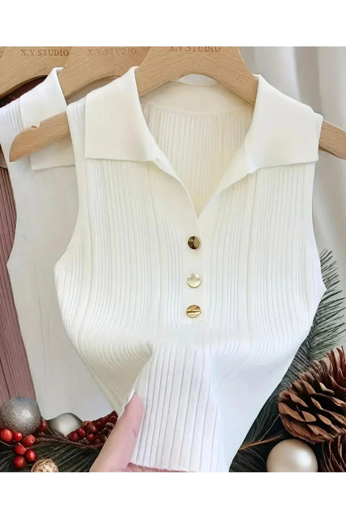 miyoshi Kadın Gri Gümüş Düğmeli Polo Yaka Kolsuz Triko T-Shirt