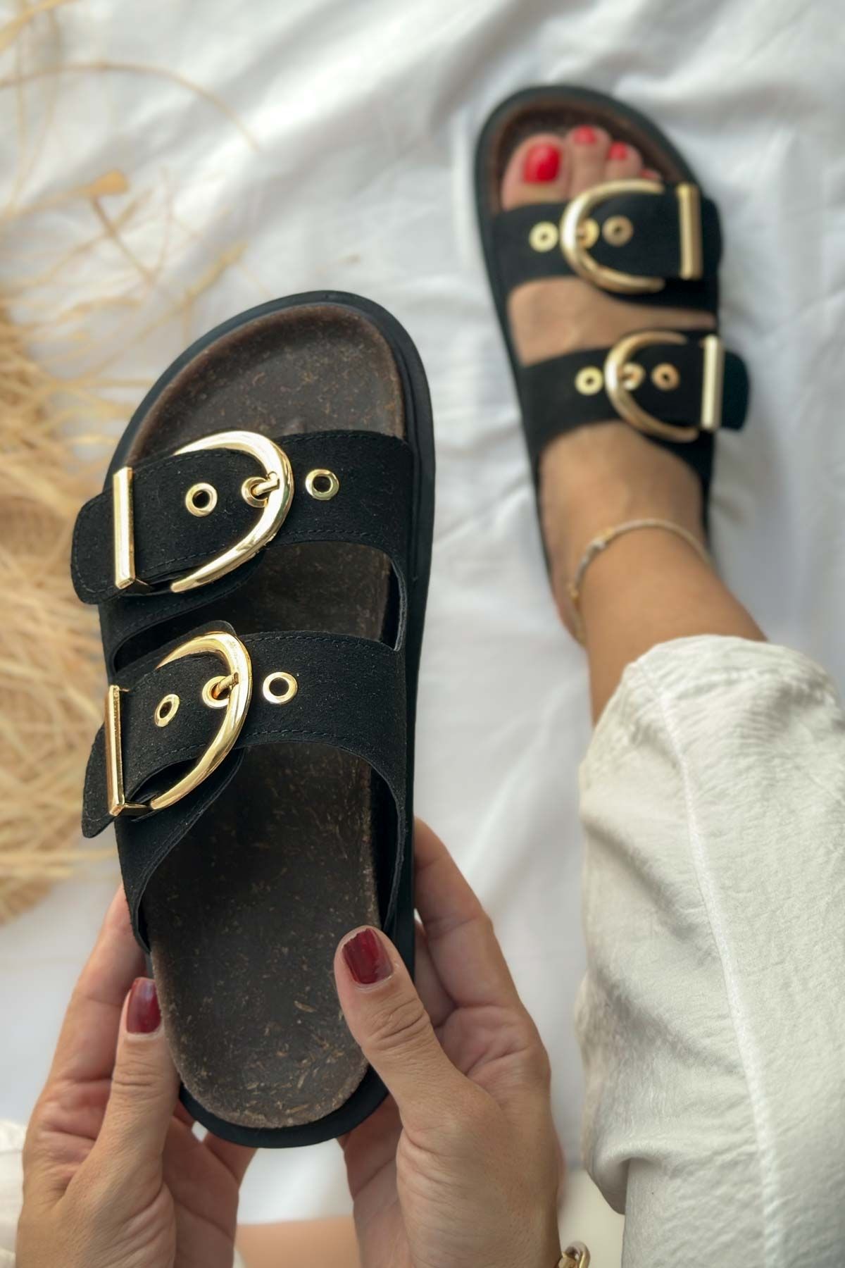 Shoebutik Kyle Siyah Süet Toka Detay Kadın Terlik