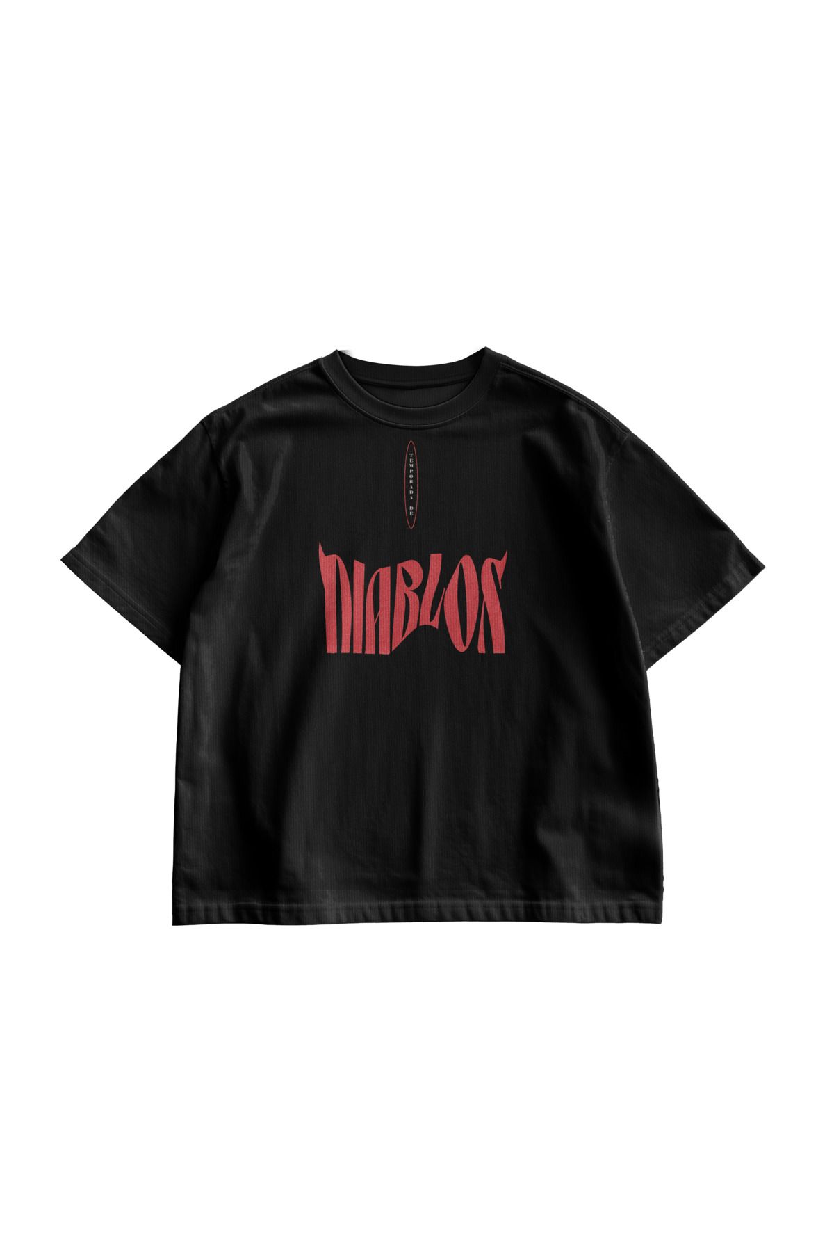 TresMonos Diablos Baskılı Oversize Kısa Kesim Pamuklu Unisex Siyah Tişört