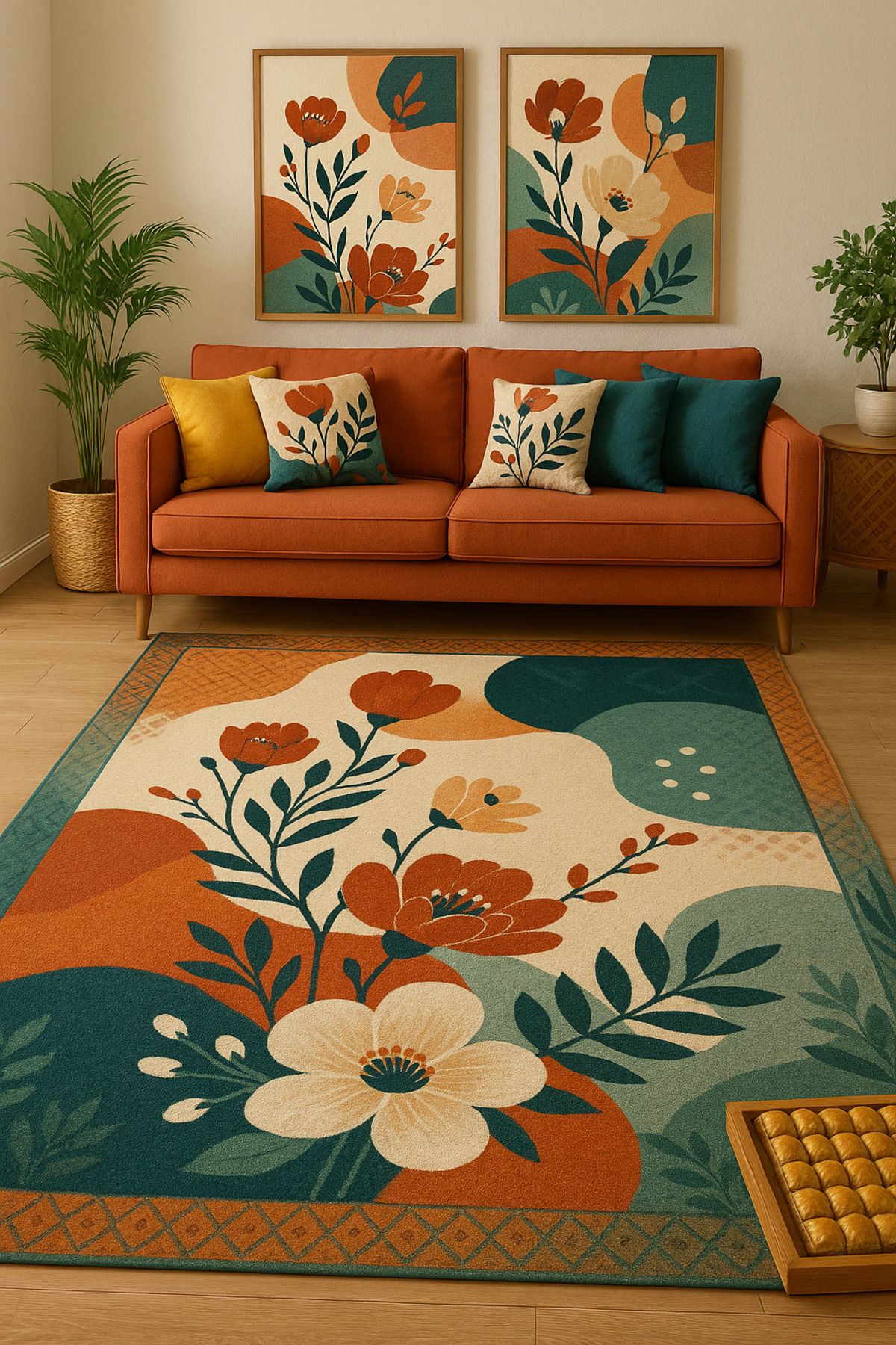 new colourse Çiçekli oturma odasında dijital renkli pamuk kaymaz tabanlı makinada yıkanılabilir halı