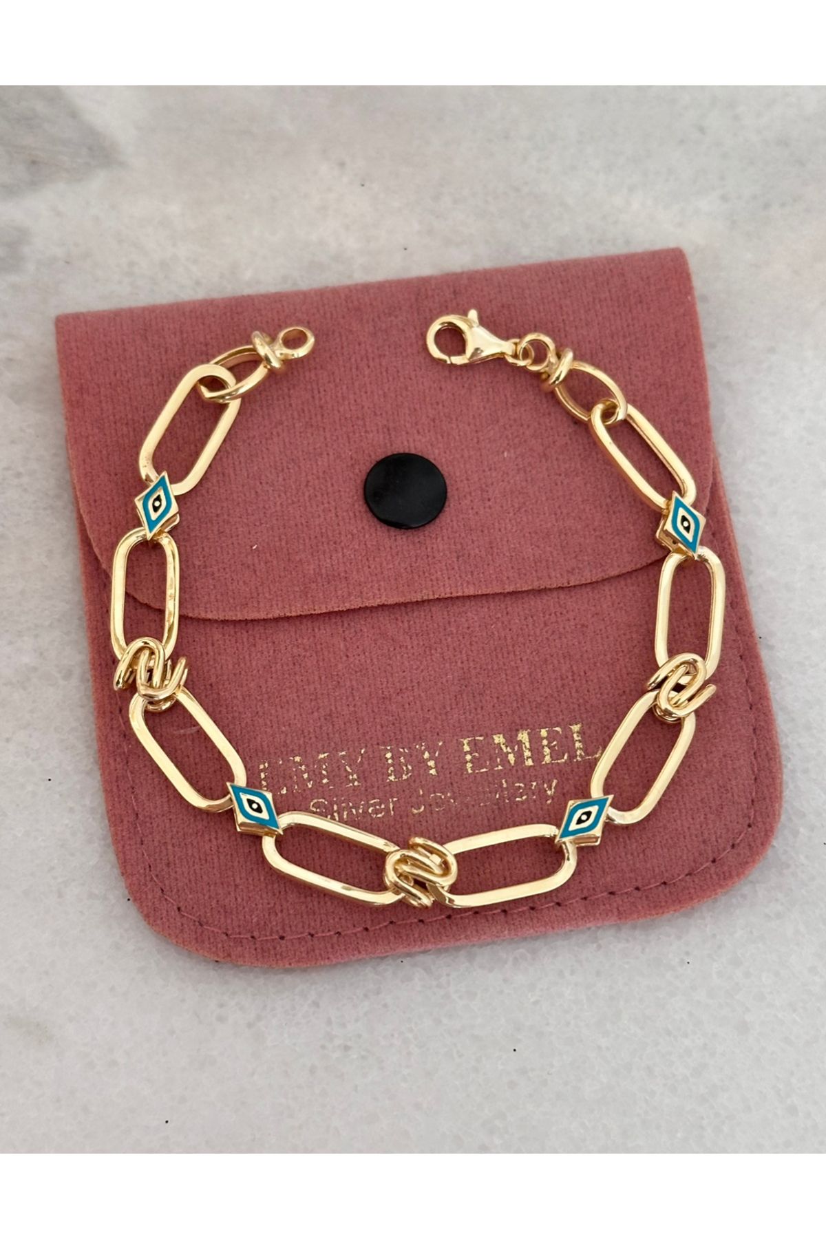 emy by emel luxury silver jewelry Altın Kaplama Nazar Boncuklu Kuyumcu Model Ataç Bileklik 925 Ayar Gümüş