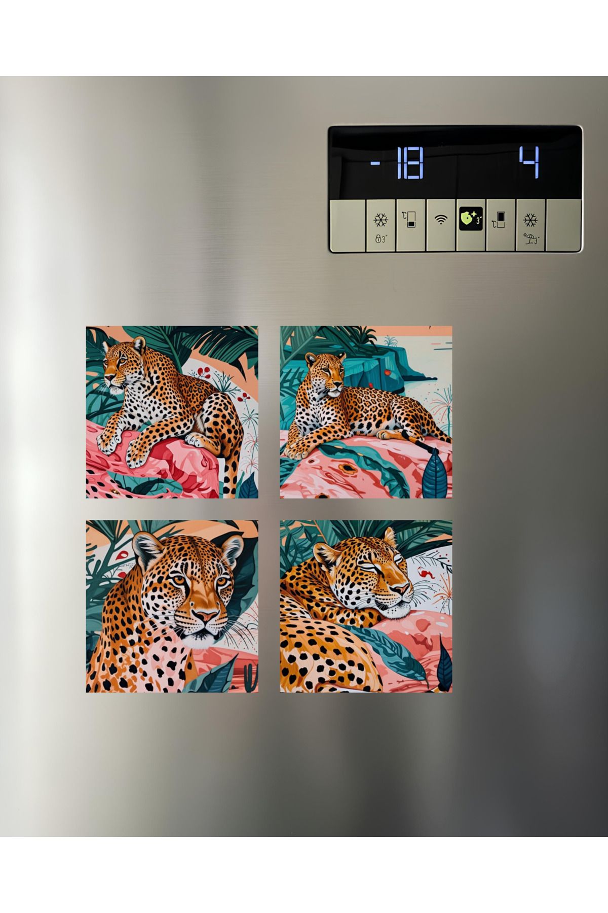 Renkia Studio Tropikal Leopar Magnet Seti 4'lü - Dekoratif Buzdolabı Magneti - Ofis ve Ev İçin Hediye