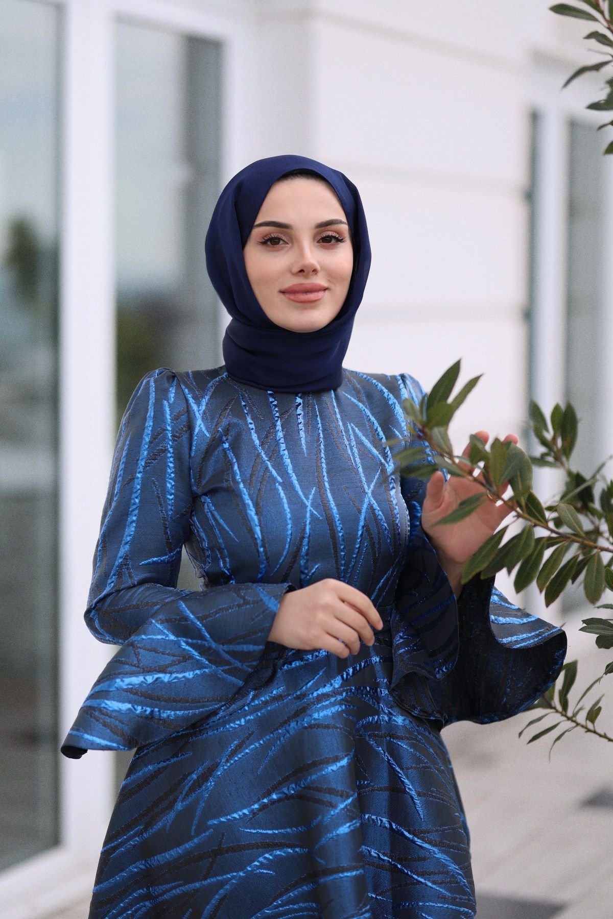 AYŞEYAMAÇLI KADIN LACİVERT KOLU VOLAN DETAYLI MATHİLDA TESETTÜR ABİYE ELBİSE