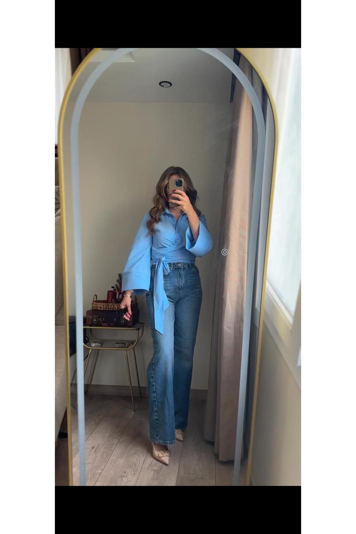 FLOW FASHION Mavi Bağlama Detaylı Gömlek